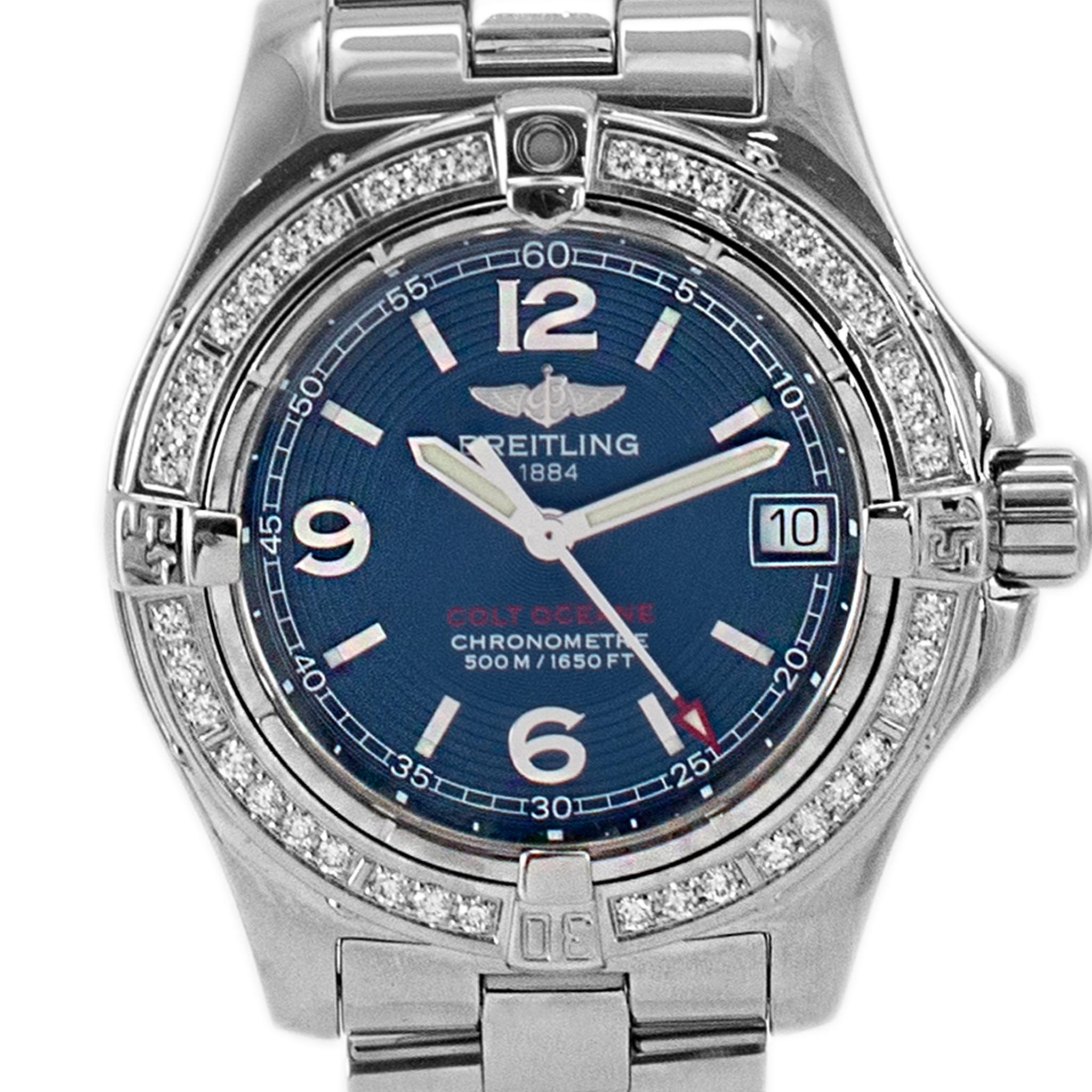 Marke: Breitling 

Geschlecht: Damen

Metalltyp: Rostfreier Stahl

Durchmesser: 33,00 mm

Gewicht: 99,76 Gramm

Eine Damenuhr aus Edelstahl mit Diamanten von BREITLING aus der Schweiz. Das Metall wurde getestet und als rostfreier Stahl eingestuft.