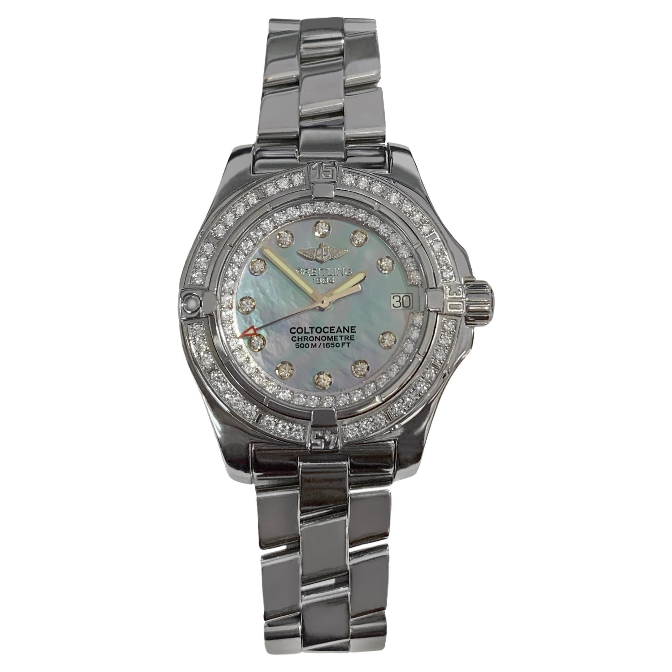 Breitling Colt Oceane Mop Dial Diamond Bezel Watch A77380 For Sale