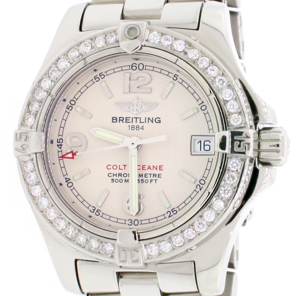 Breitling Colt Oceane Stainless Steel 33MM Ivory Dial Ladies Watch A77380 w/Diamond Bezel

Breitling Colt Oceane Stainless Steel Ladies Watch, A77380. Breitling 77 superquartz movement. Stainless steel case 33mm in diameter.  Clean beautiful custom