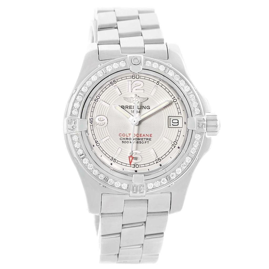 Breitling Colt Oceane Stainless Steel Diamond Ladies Watch A77380. Quartz movement. Stainless steel case 33.2 mm in diameter. Thickness: 11.6mm. Breitling logo on a crown. Original Breitling factory diamond bezel. Scratch resistant sapphire crystal.