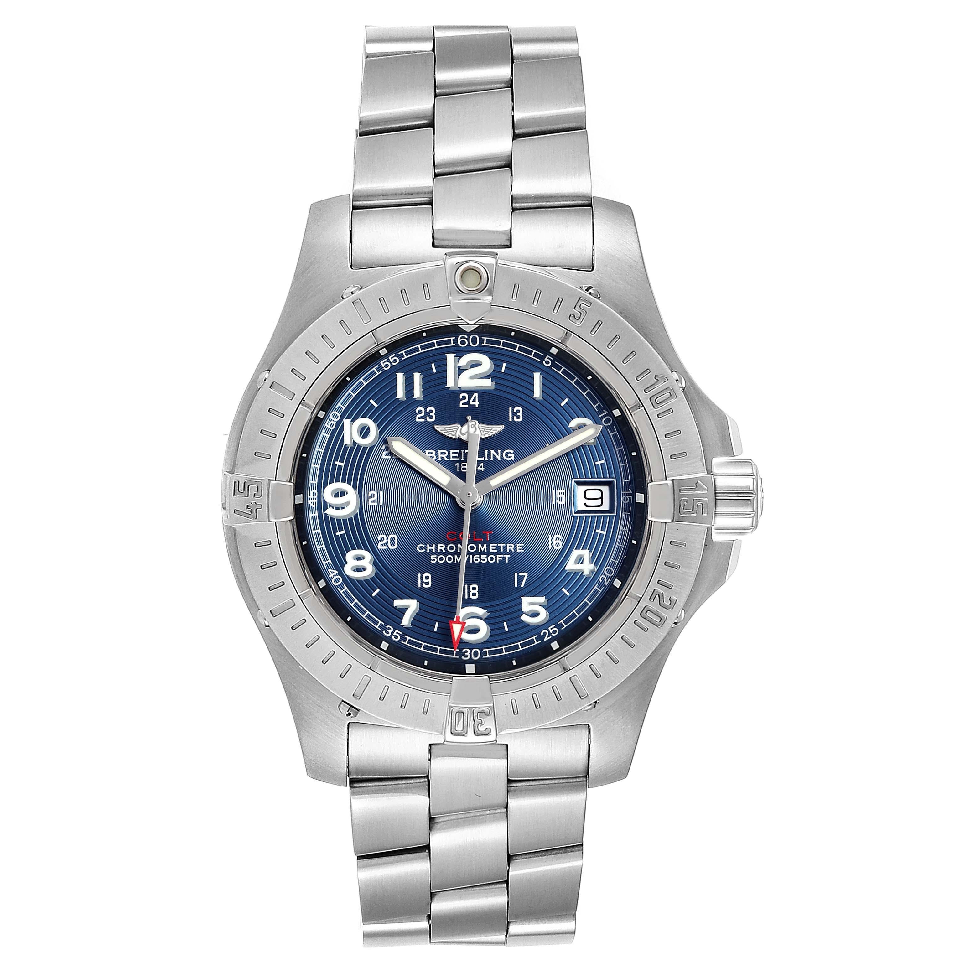 Breitling Colt Quartz Blue Dial Stainless Steel Mens Watch A74380. Quartz movement. Stainless steel case 41.1 mm in diameter. Breitling logo on a crown. Stainless steel unidirectional rotating bezel. 0-60 elapsed-time. Four 15 minute markers.