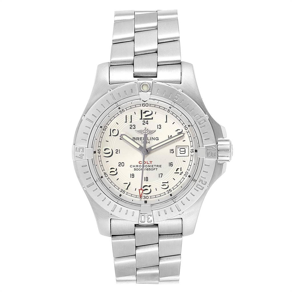 Breitling Colt Quartz Silver Dial Stainless Steel Mens Watch A74380. Quartz movement. Stainless steel case 41.1 mm in diameter. Breitling logo on a crown. Stainless steel unidirectional rotating bezel. 0-60 elapsed-time. Four 15 minute markers.