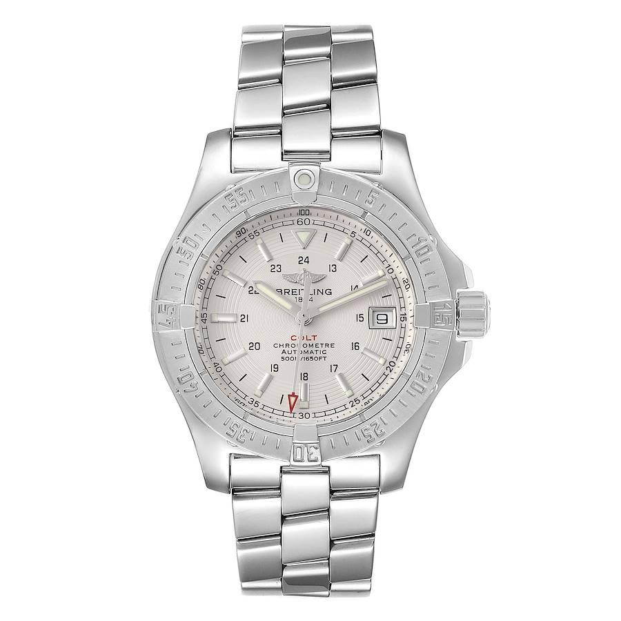 Breitling Colt Silver Dial Automatic Steel Mens Watch A17380. Automatic self-winding chronometer movement. Stainless steel case 41 mm in diameter. Breitling logo on a crown. Stainless steel unidirectional rotating bezel. 0-60 elapsed-time. Four 15