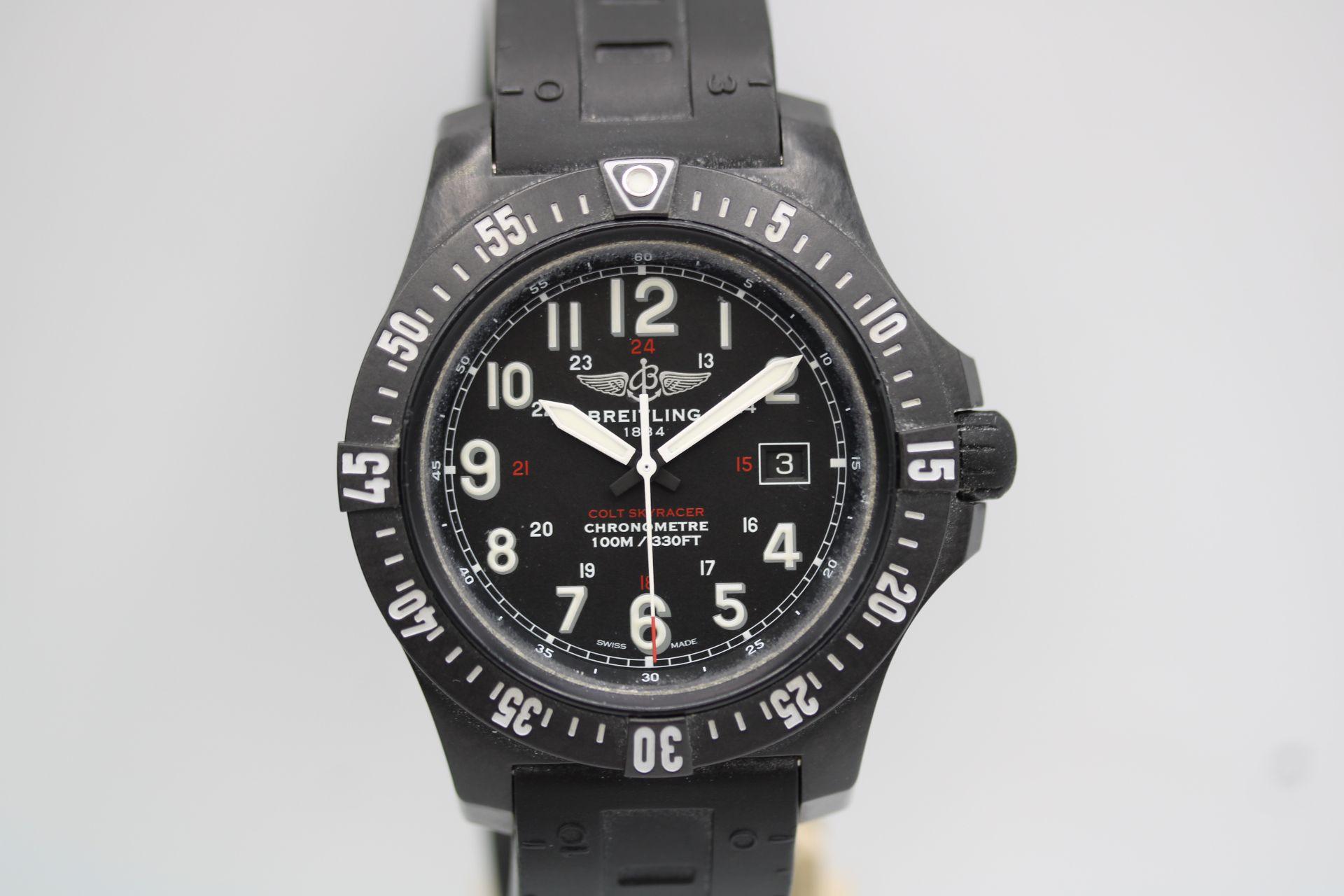 This Breitling Colt Skyracer is accompanied by its inner and outer boxes, manuals, wallet, swing tag and warranty card dated 2017 in addition to our 12-month warranty.

The Breitling Colt Skyracer, model X74320E4, features a 45mm carbon case,