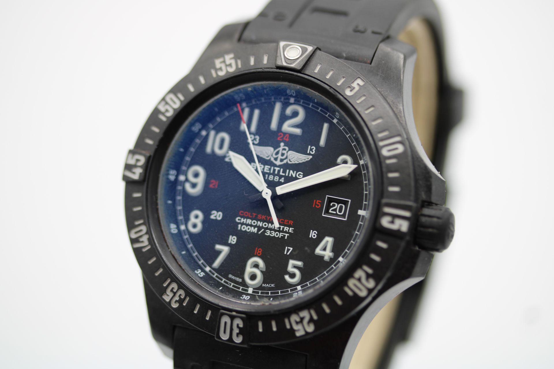 The Breitling Colt Skyracer is accompanied by its inner and outer boxes, manuals, wallet, swing tag and warranty card dated 2018 in addition to our 12-month warranty.

The Breitling Colt Skyracer, model X74320E4, features a 45mm carbon case,