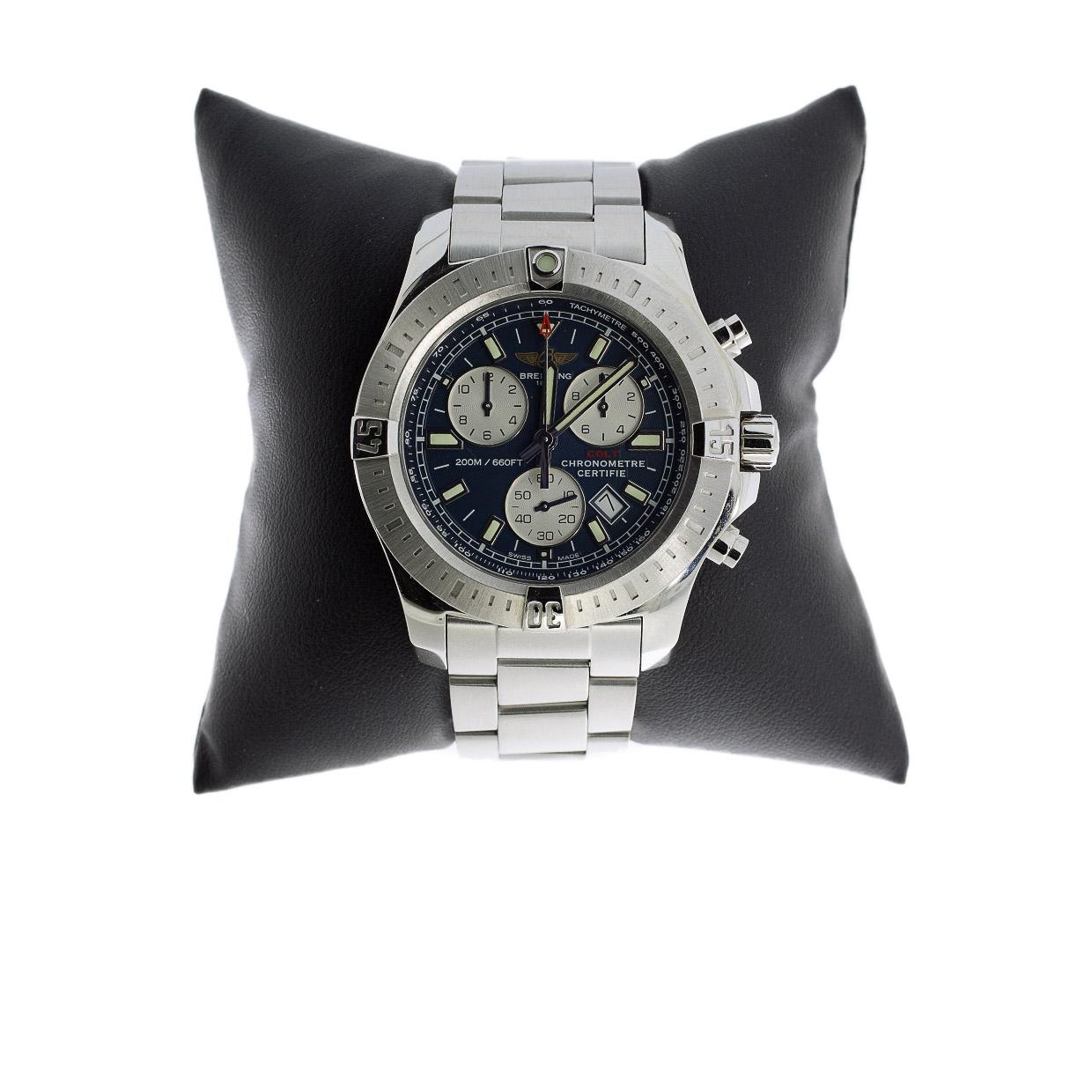 Product Details:
Estimated Retail:  $5,000.00
Condition: Pre Owned
Brand: Breitling
Collection: Colt
Case Material: Stainless Steel
Gender: Mens
MPN: A73380
Movement: Quartz Battery
Face Color: Blue
Band Type: Bracelet
Case Size: 44
Style: