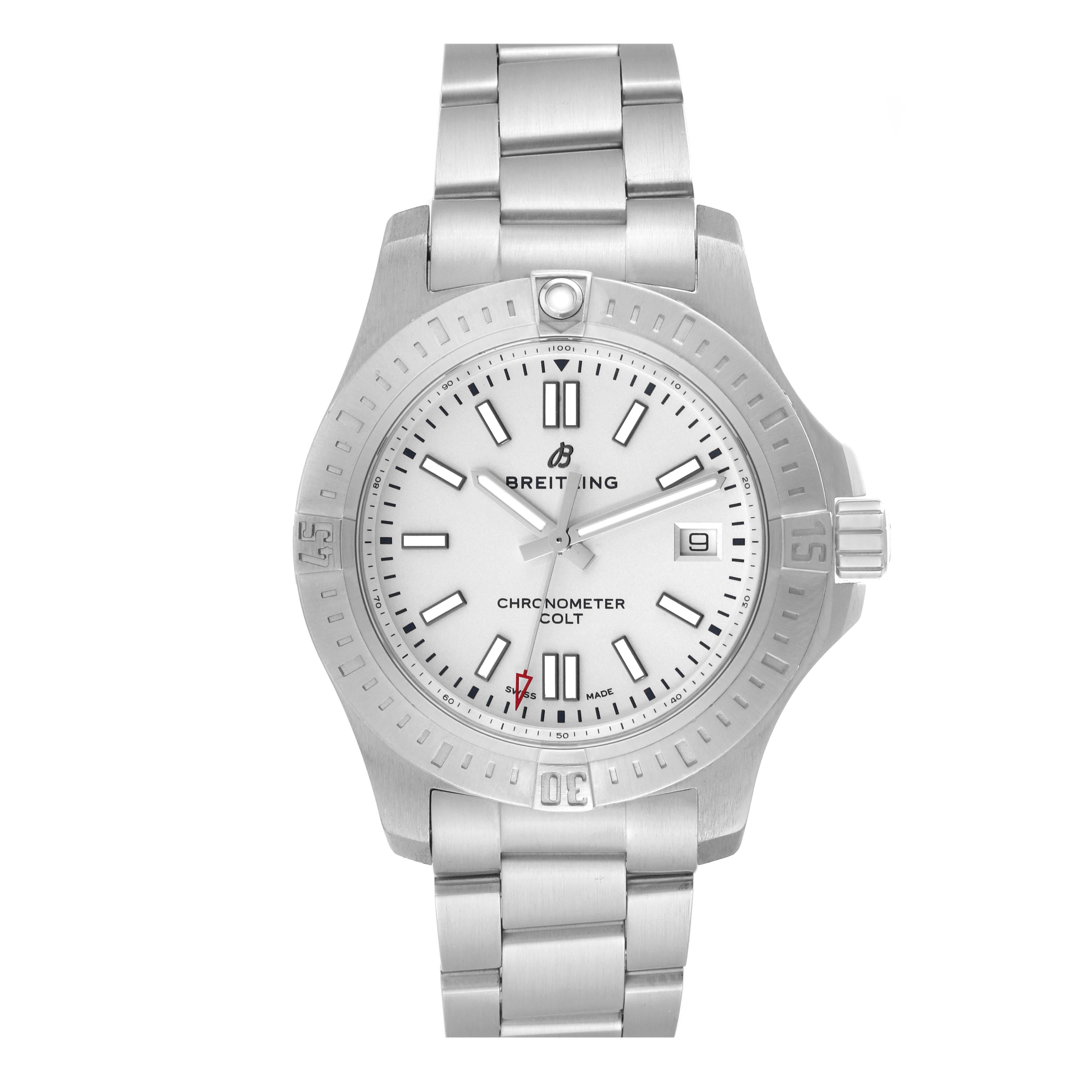 Breitling Colt White Dial Automatic Steel Mens Watch A17313 Box Card. Automatic self-winding chronometer movement. Stainless steel case 41.0 mm in diameter. Breitling logo on a crown. Case thickness: 10.70 mm. Stainless steel unidirectional rotating