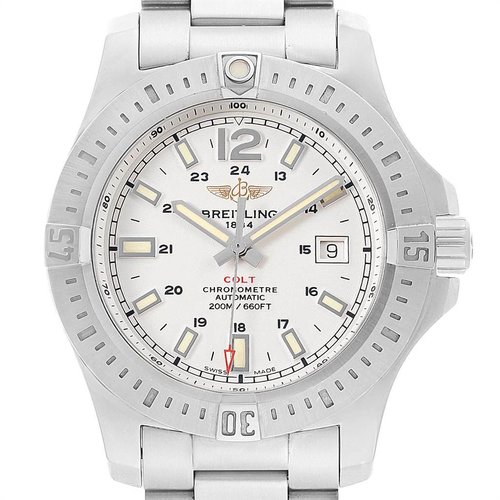 Breitling Colt White Dial Automatic Steel Mens Watch A17388 Box Card. Automatic self-winding chronometer movement. Stainless steel case 44 mm in diameter. Breitling logo on a crown. Case thickness: 11.25 mm. Stainless steel unidirectional rotating