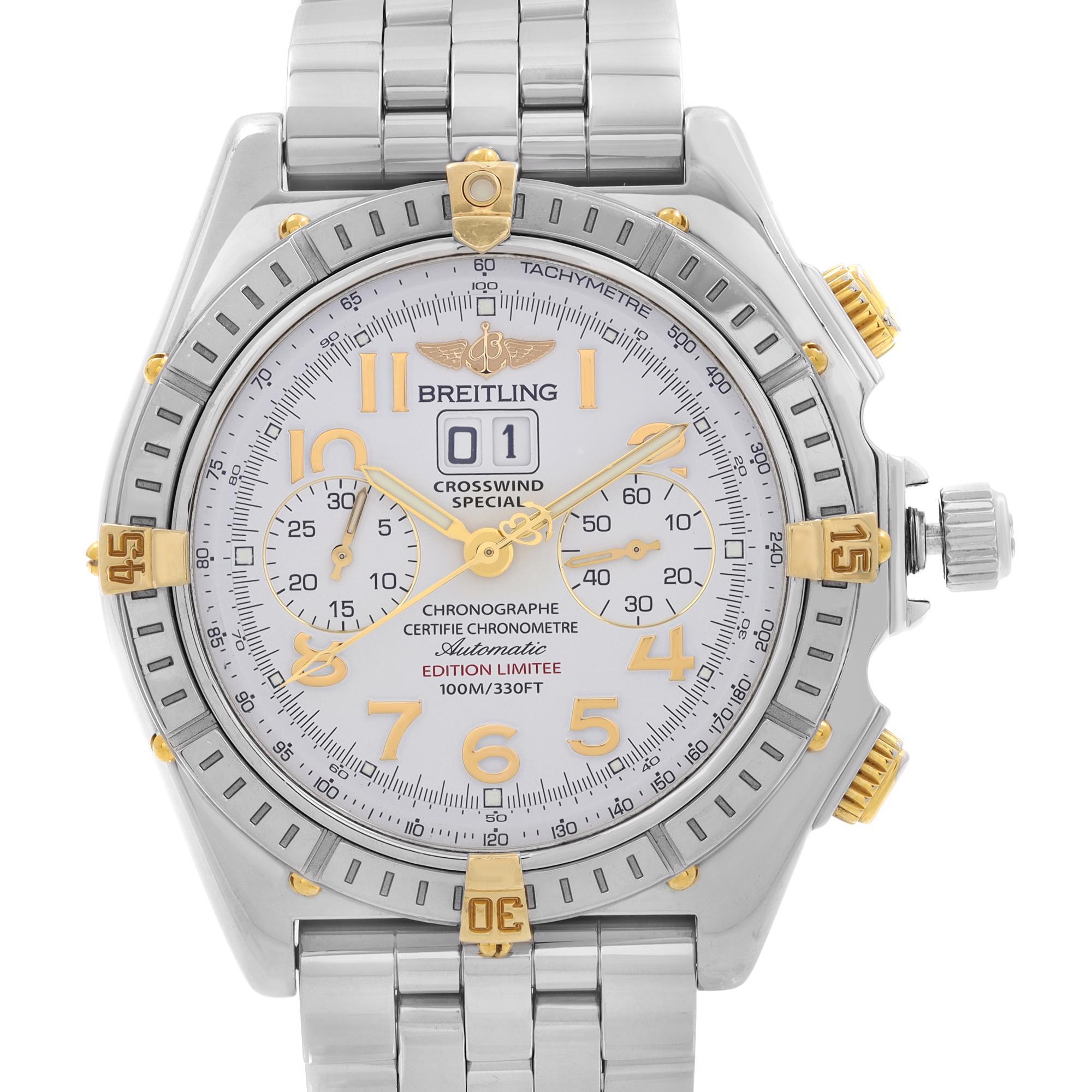 Pre-owned Limited Edition Breitling Crosswind 44mm Steel Chronograph White Dial Automatic Mens Watch B44356. The bracelet is Breitling original 375A but doesn't come with this particular model. This Beautiful Timepiece is Powered by an Automatic