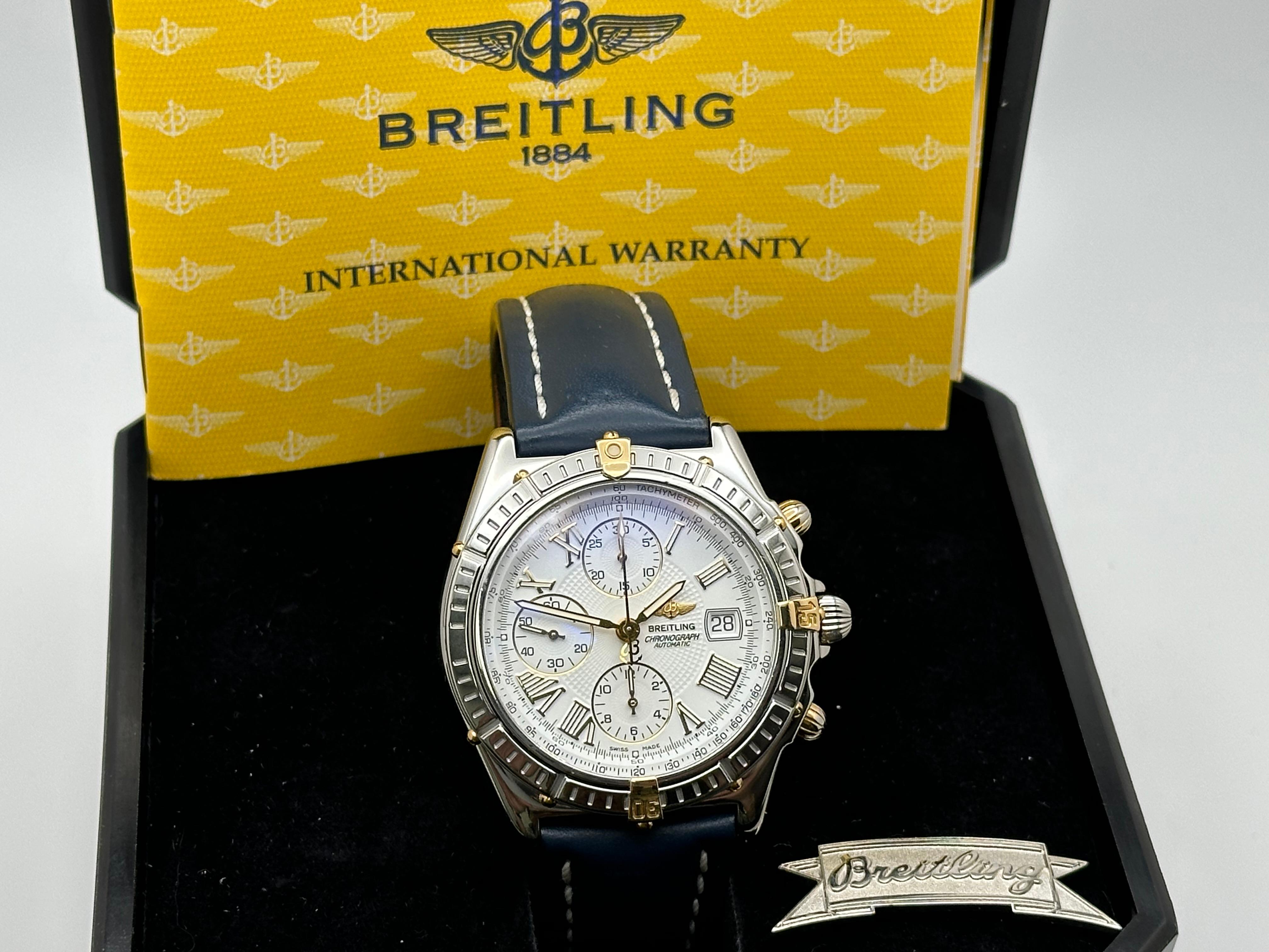 Breitling Crosswind B13055 Weißes Zifferblatt Stahl 18K Gelbgold Blaues Riemen Box Papier 8