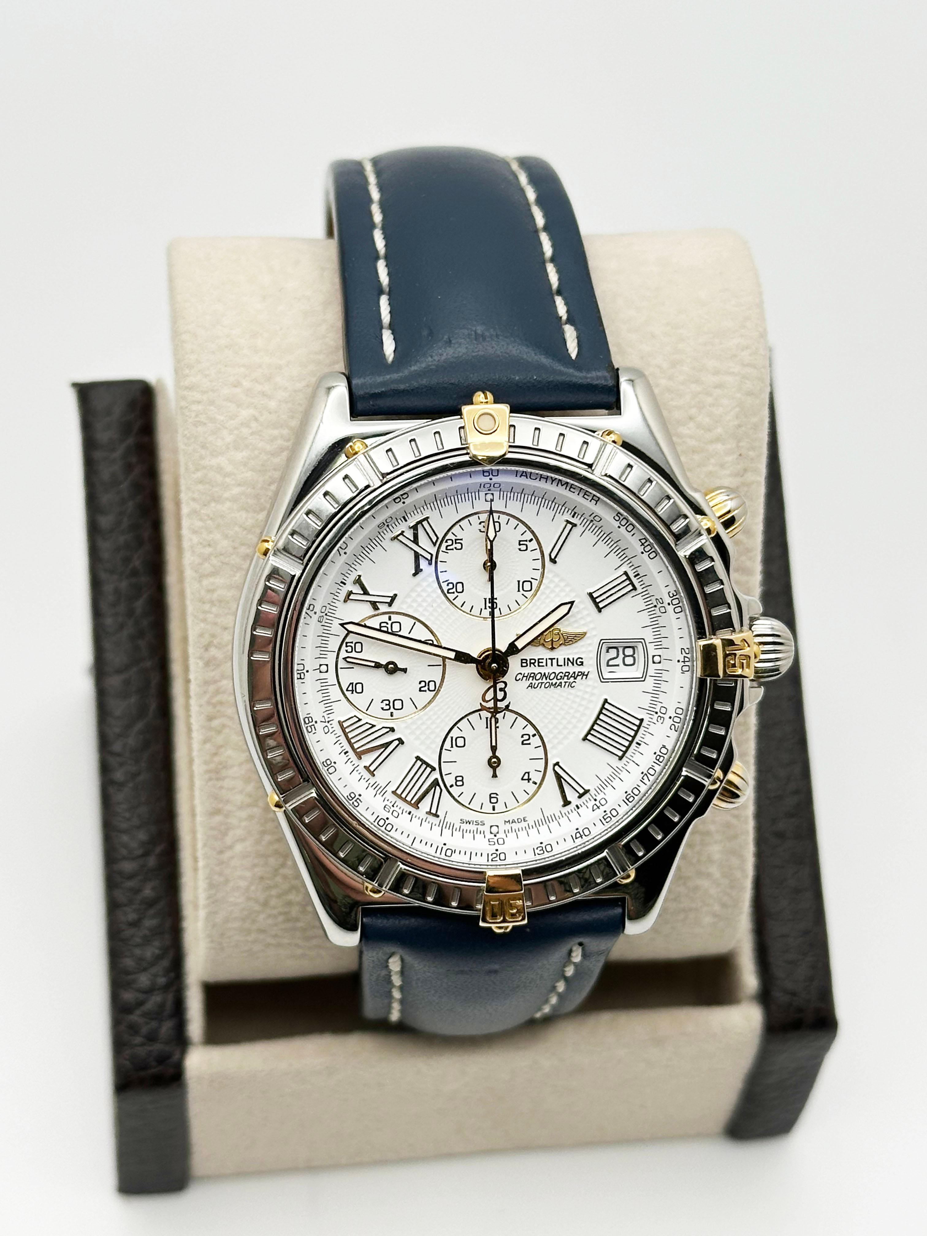 Breitling Crosswind B13055 Weißes Zifferblatt Stahl 18K Gelbgold Blaues Riemen Box Papier im Zustand „Hervorragend“ in San Diego, CA