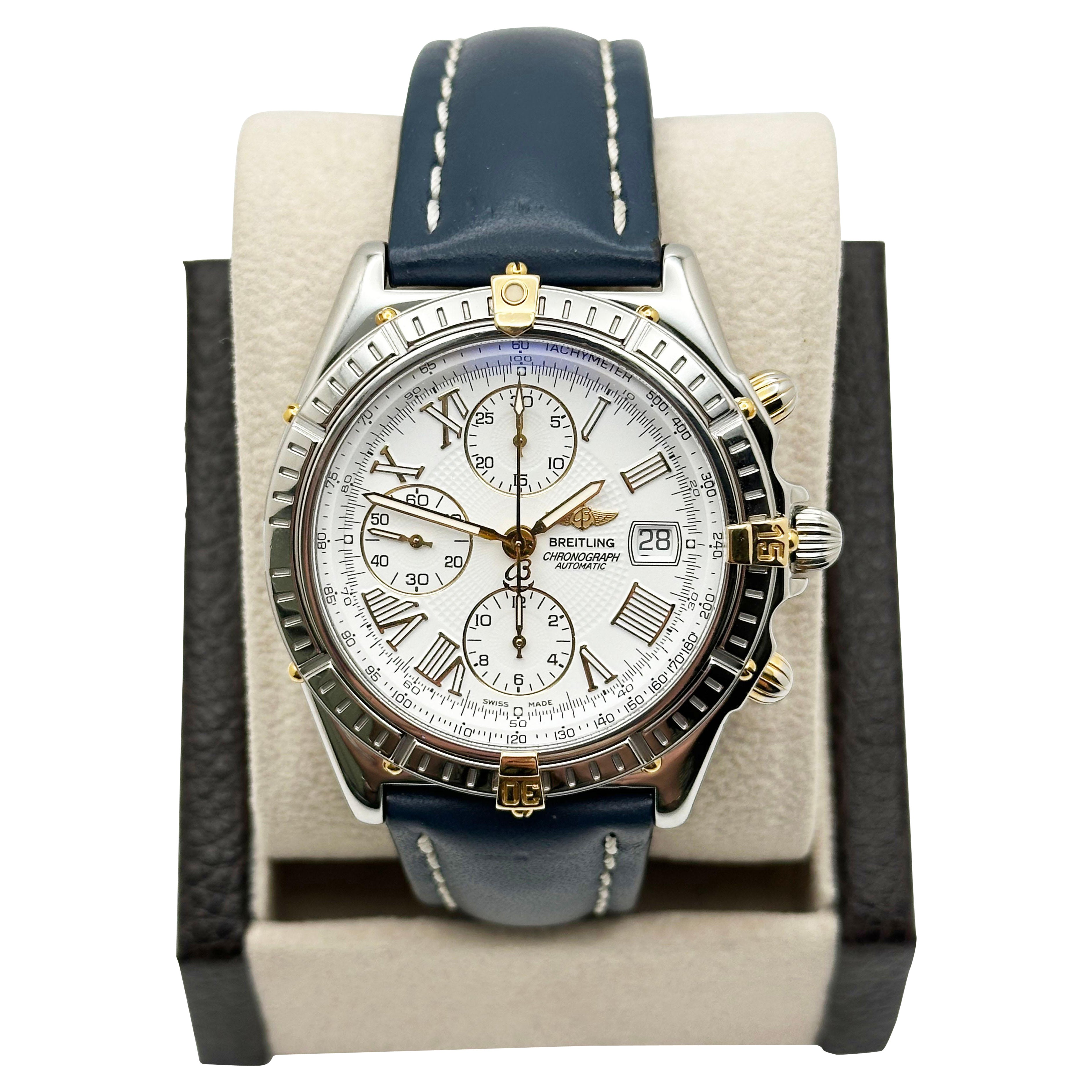 Breitling Crosswind B13055 Weißes Zifferblatt Stahl 18K Gelbgold Blaues Riemen Box Papier