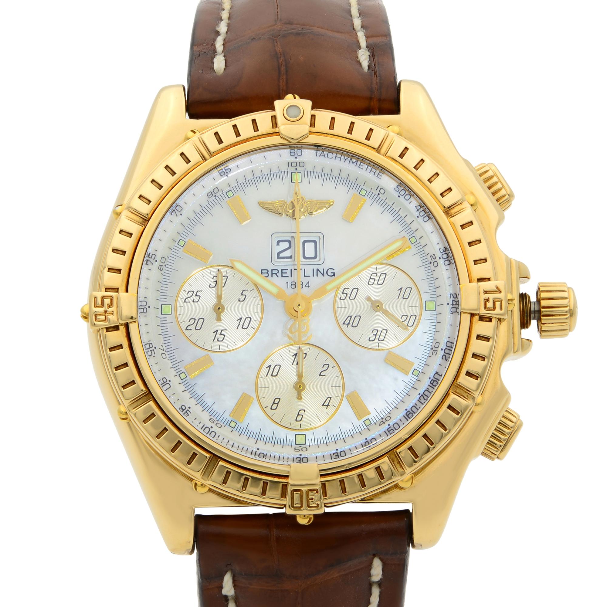 This pre-owned Breitling Crosswind  K44355 is a beautiful men's timepiece that is powered by mechanical (automatic) movement which is cased in a yellow gold case. It has a round shape face, chronograph, date indicator, small seconds subdial dial and