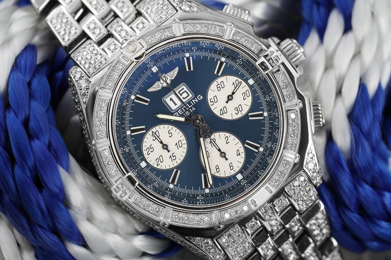 Breitling Crosswind Chronograph Automatic Fully Iced Out Men's Watch A44355 For Sale