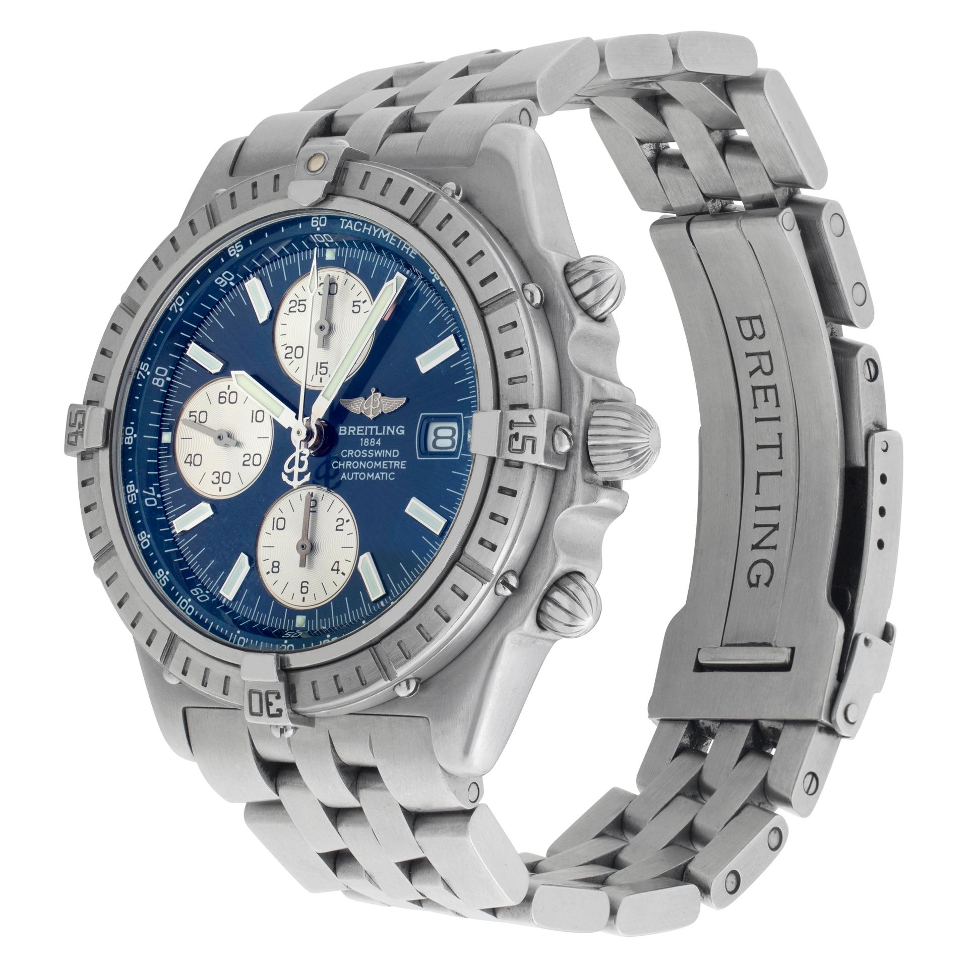 Breitling Crosswind Racing blue dial in stainless steel. Auto w/ subseconds, date and chronograph. 42 mm case size. Ref A13355. Circa 2010s. Fine Pre-owned Breitling Watch. Certified preowned Sport Breitling Crosswind A13355 watch is made out of