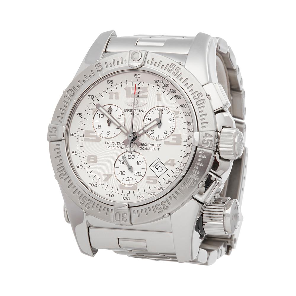 Ref: W5303
Manufacturer: Breitling
Model: Emergency
Model Ref: A73322
Age: 18th December 2007
Gender: Mens
Complete With: Box, Manuals, Guarantee and Service Pouch
Dial: Silver Arabic
Glass: Sapphire Crystal
Movement: Quartz
Water Resistance: To