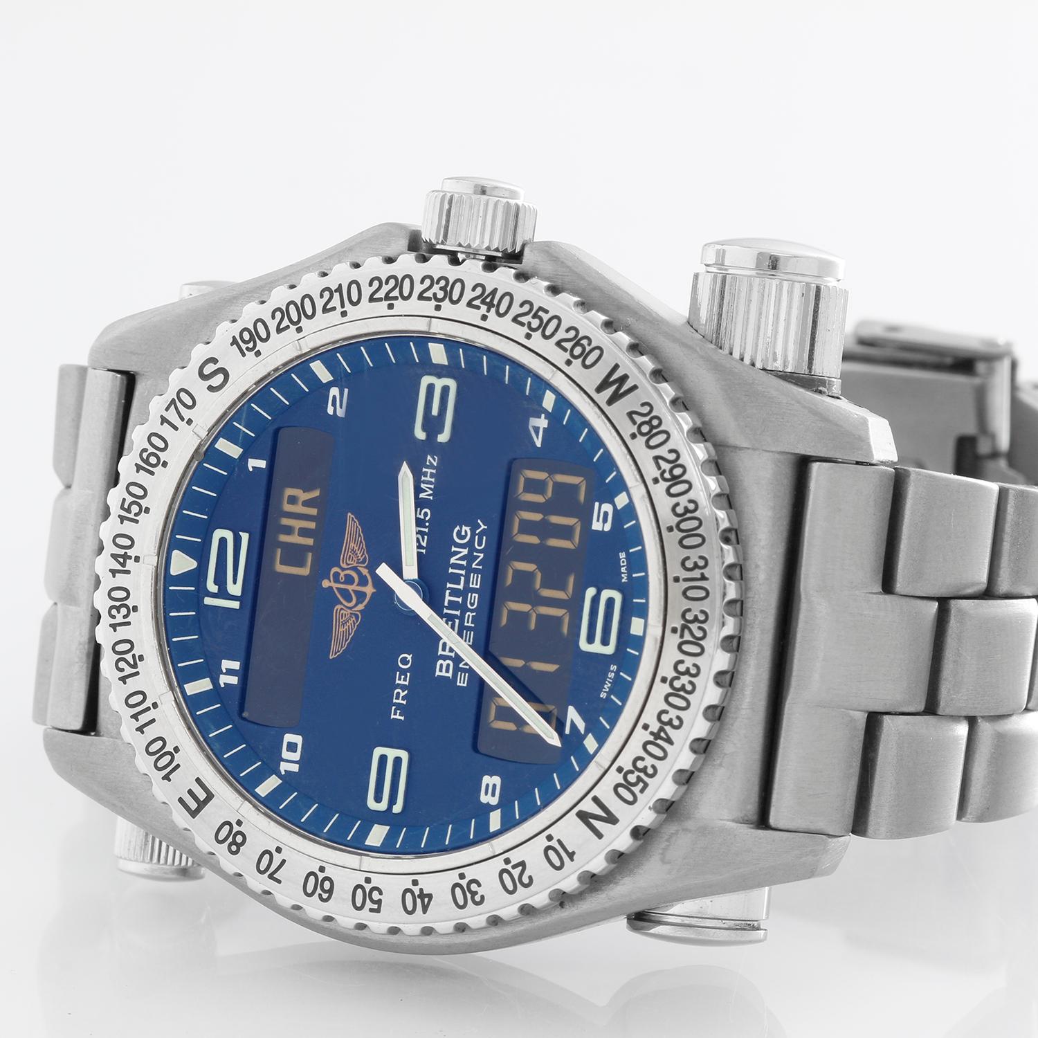 Breitling Emergency Men's Titanium Watch E56121.1 - Quartz. Titanium case with rotating bezel ( 42 .5 mm ) . Blue dial with Blue Angels shield logo; hours, minutes, date, chronograph, LCD, multifunction. Titanium bracelet with deployant clasp.