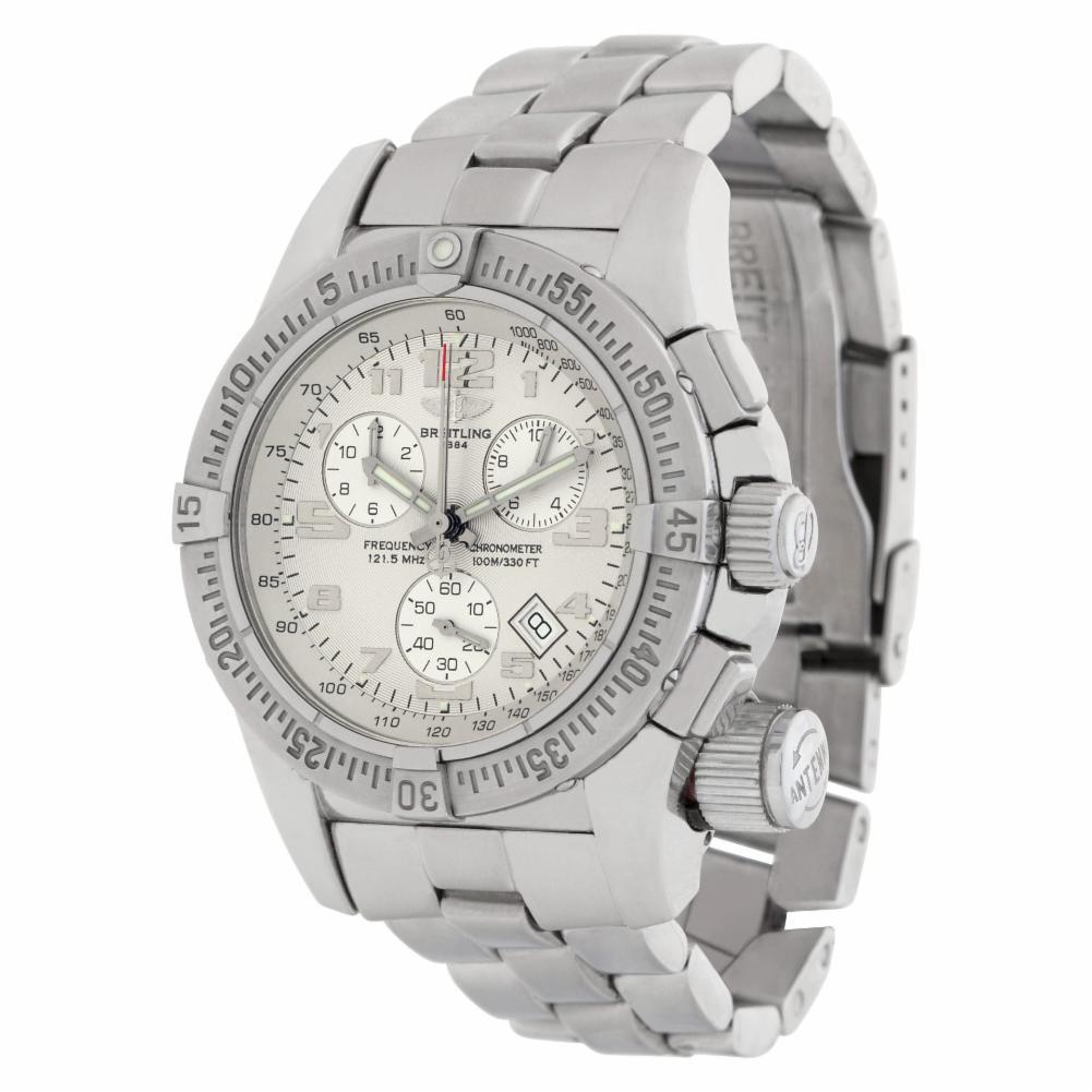 Breitling Emergency in stainless steel. Quartz w/date and chronograph. 45 mm case size. With box and papers. Ref A7332211. Circa 2010s. Fine Pre-owned Breitling Watch. Certified preowned Sport Breitling Emergency A7332211 watch is made out of
