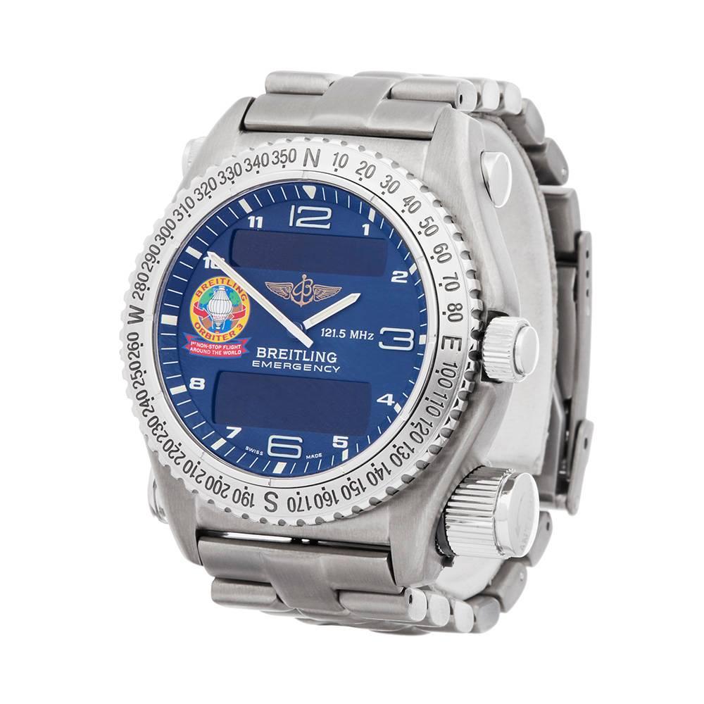 Ref: COM1598
Manufacturer: Breitling
Model: Emergency
Model Ref: E56321
Age: 7th July 2000
Gender: Mens
Complete With: Box, Manuals & Guarantee
Dial: Blue Arabic
Glass: Sapphire Crystal
Movement: Quartz
Water Resistance: To Manufacturers