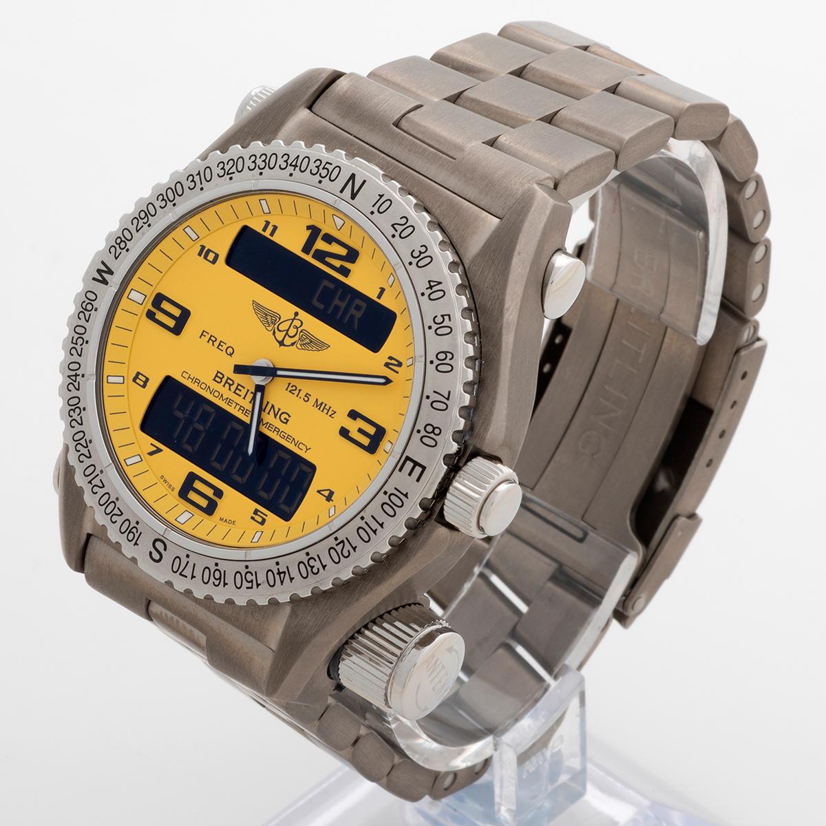Women's or Men's Breitling Emergency Wristwatch ref E76321, 43 mm titanimm case, yellow dial.. For Sale