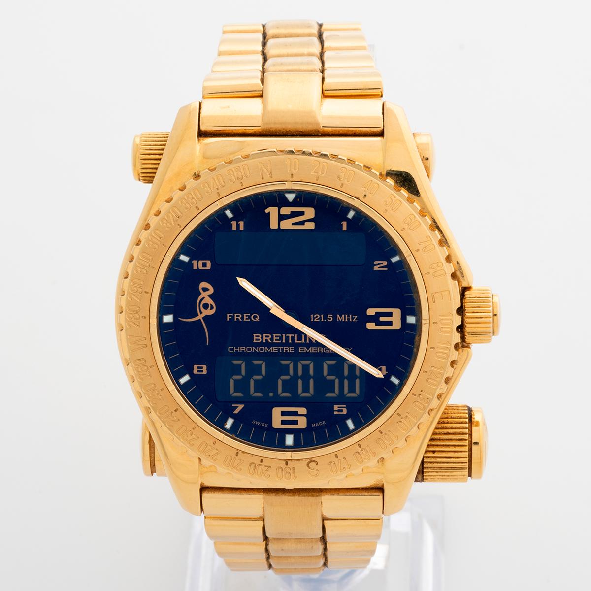 Breitling Emergency Wristwatch Ref K76321, 43mm Case, 18K Yellow Gold, Full Set In Excellent Condition For Sale In Canterbury, England
