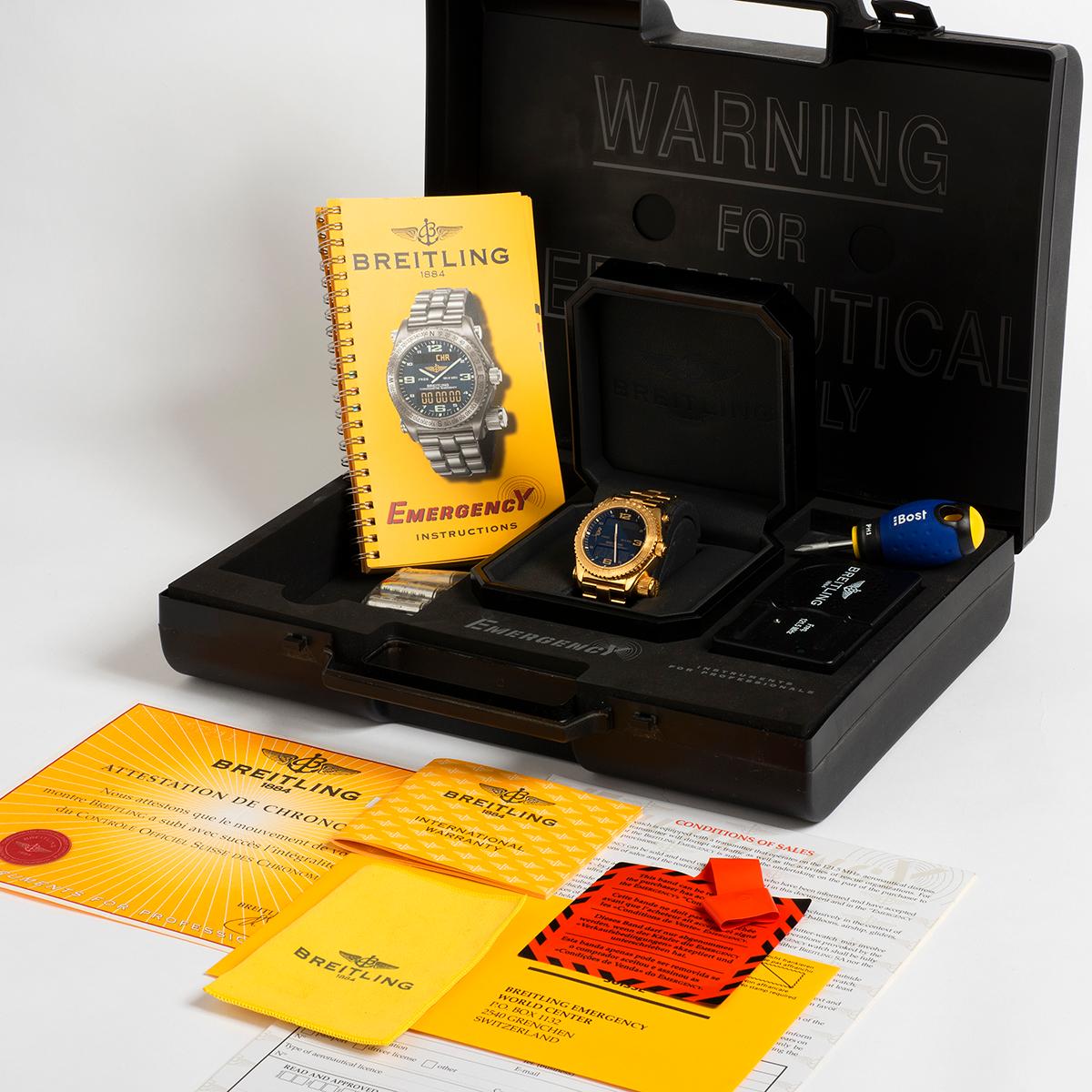 Women's or Men's Breitling Emergency Wristwatch Ref K76321, 43mm Case, 18K Yellow Gold, Full Set For Sale