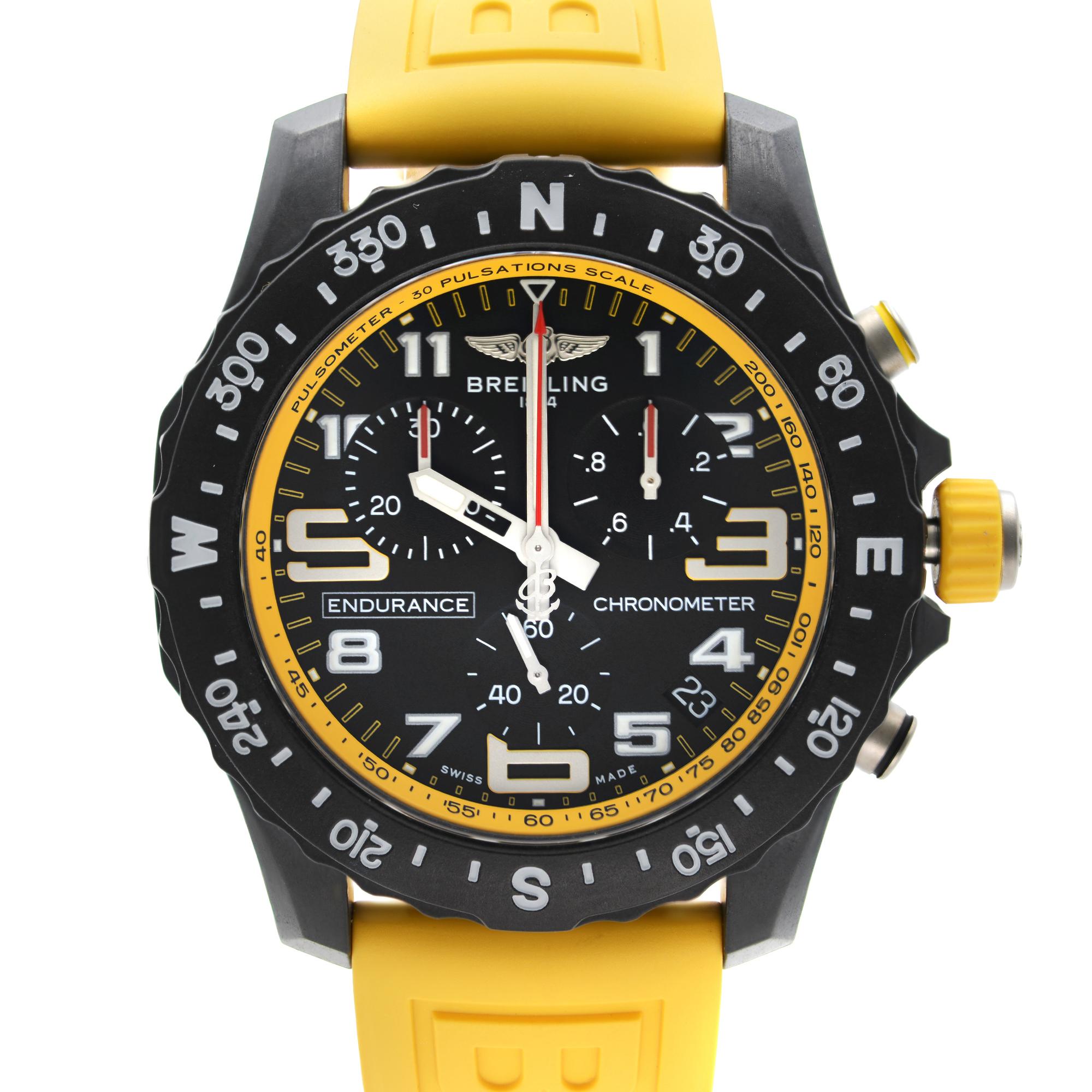 Unworn with Original Back Sticker Breitling Endurance Pro Breitlight Yellow Straps Black Dial Quartz Men's Watch X82310A41B1S1. This Beautiful Timepiece Features: Black Composite Case with A Yellow Rubber Strap, Black Composite Bezel, Black Dial
