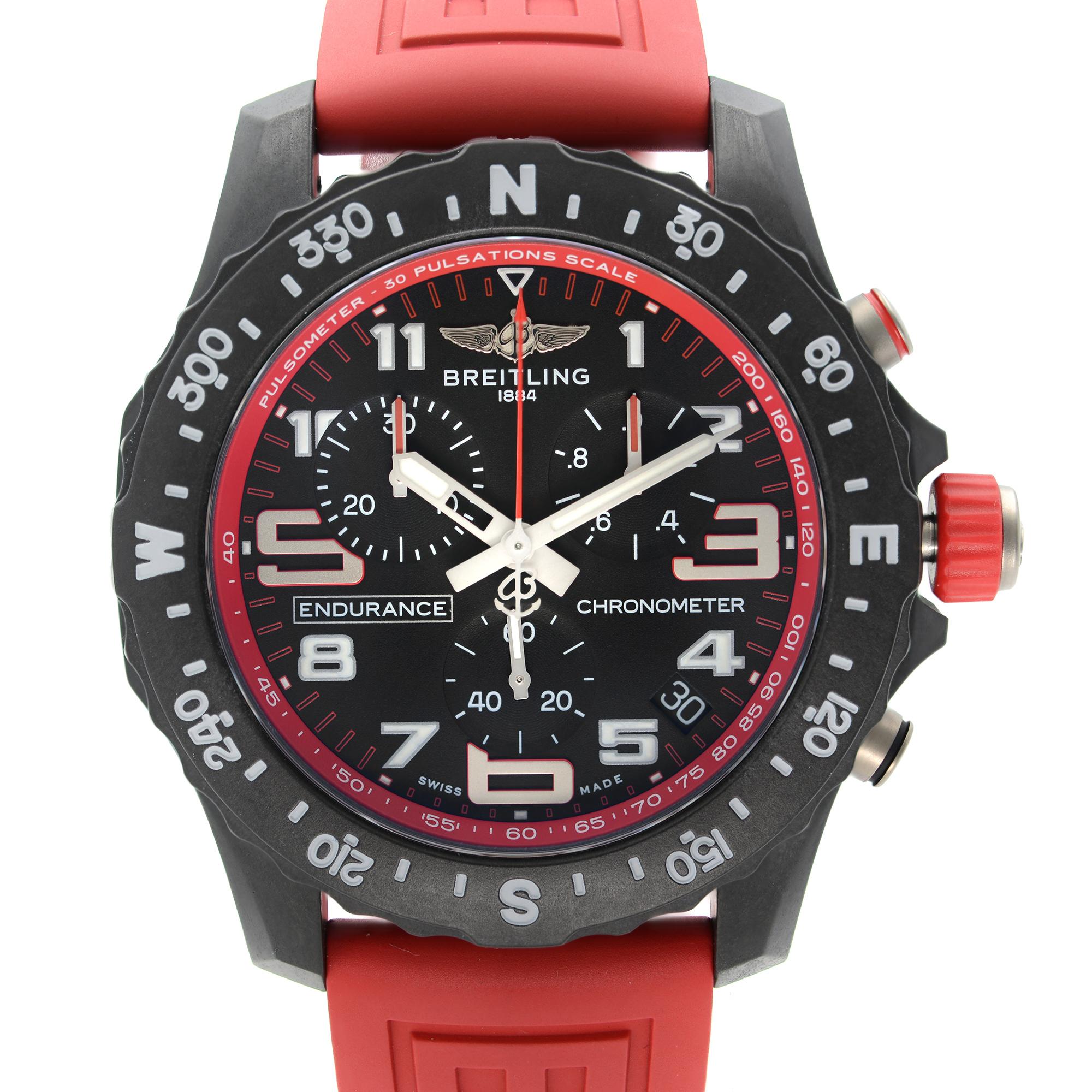 Unworn Breitling Endurance Pro Breitlight Men's Watch X82310D91B1S1. It Comes with Original Breitling Warranty Cards. This Beautiful Timepiece Features: Black Composite Case with A Red Rubber Strap, Black Composite Bezel, Black Dial with Silver-Tone