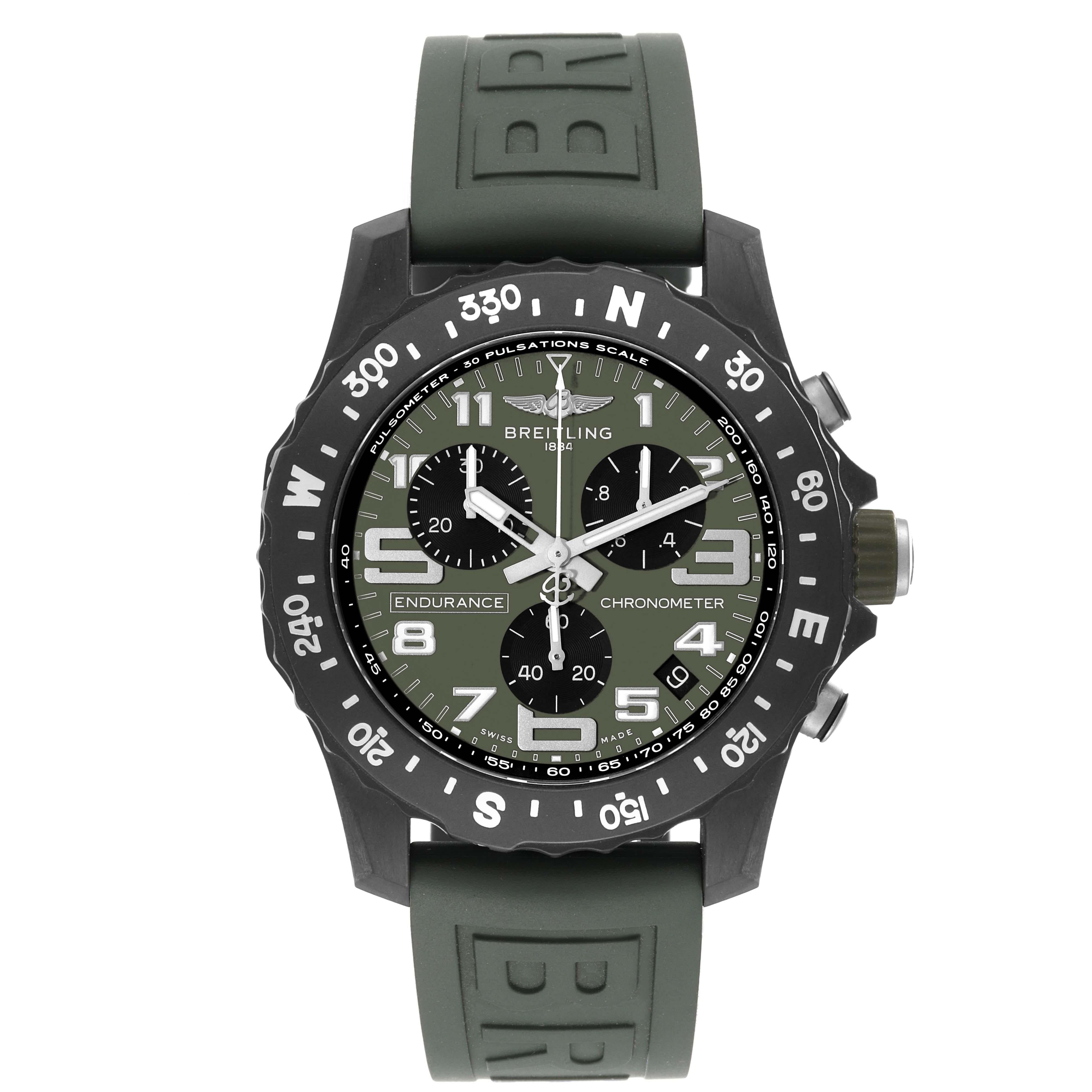 Breitling Endurance Pro Green Breitlight Mens Watch X82310. COSC-certified quartz chronograph movement. Breitlight polymer case 44 mm in diameter. Case thickness 12.5 mm. Green rubberized crown signed with the Breitling logo. Breitlight