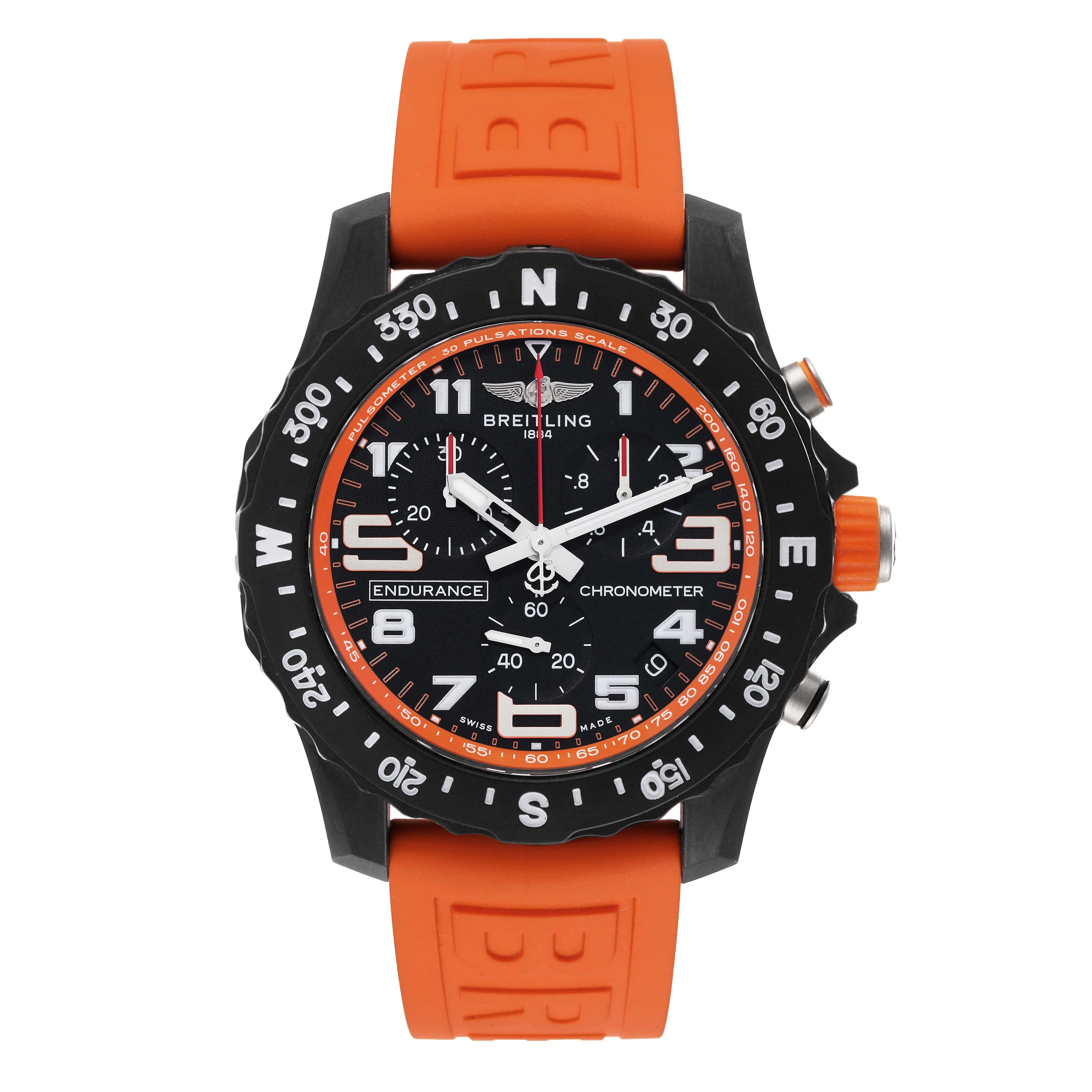 Breitling Endurance Pro Orange Breitlight Mens Watch X82310 Card. COSC-certified quartz chronograph movement. Breitlight polymer case 44 mm in diameter. Case thickness 12.5 mm. Orange rubberized crown signed with the Breitling logo. Breitlight