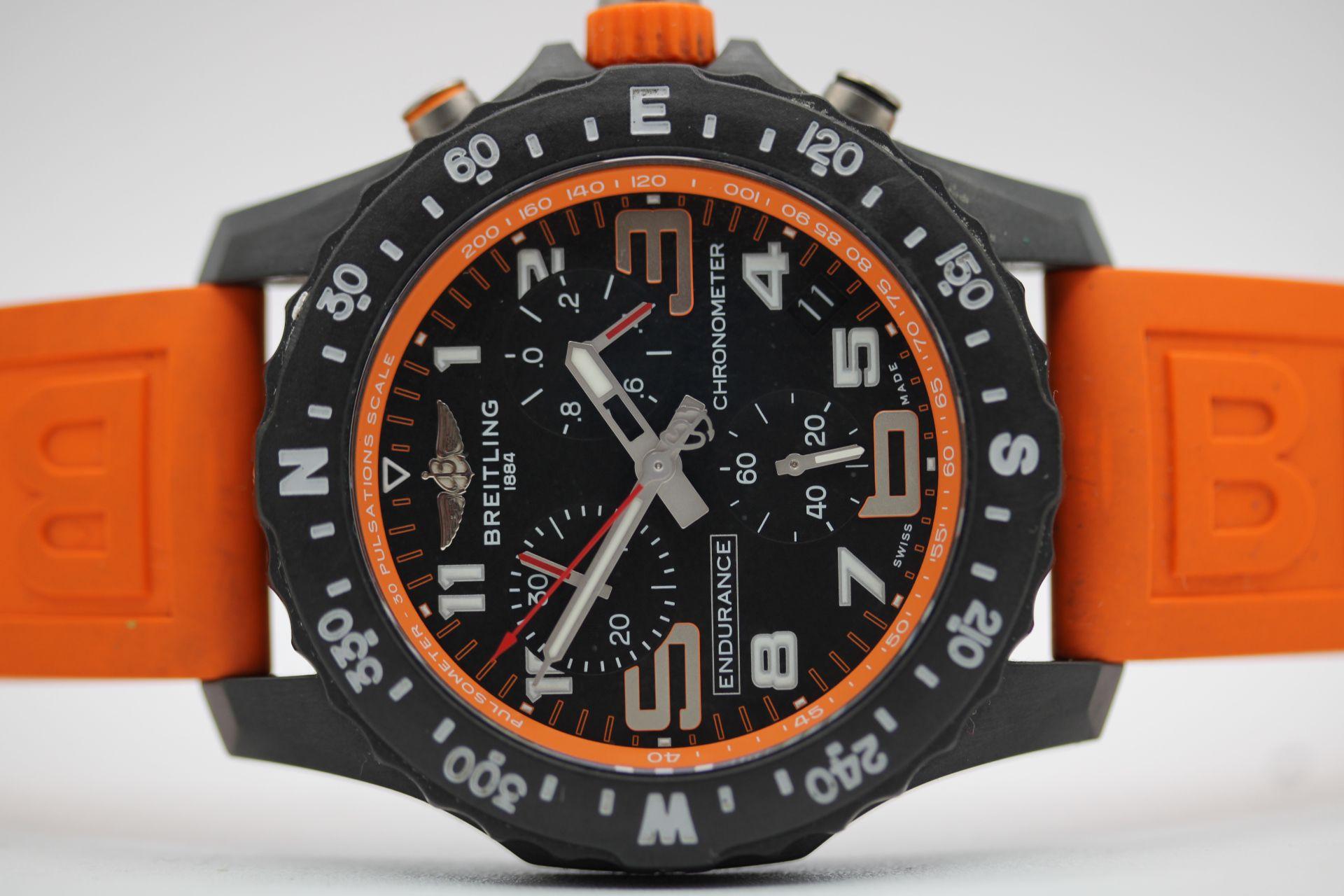 
The Breitling Endurance Pro offers great value in a watch as well as being different and durable. This model X82310 is the 'Orange' version that was originally sold in July 2022 and is in almost unworn condition.

Designed for men and women whose