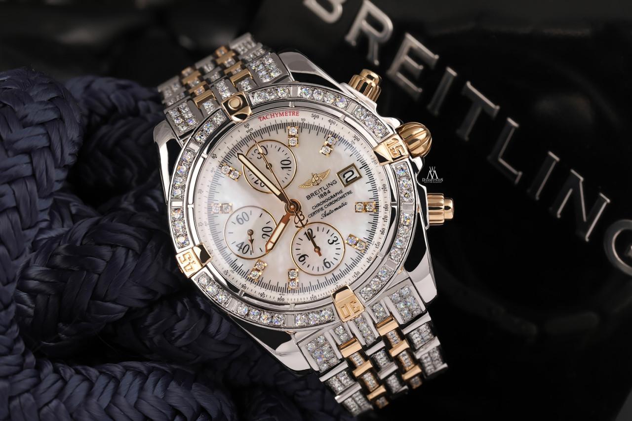 Women's or Men's Breitling Evolution Chronomat Two Tone Diamond Watch with Mother Of Pearl Dial For Sale
