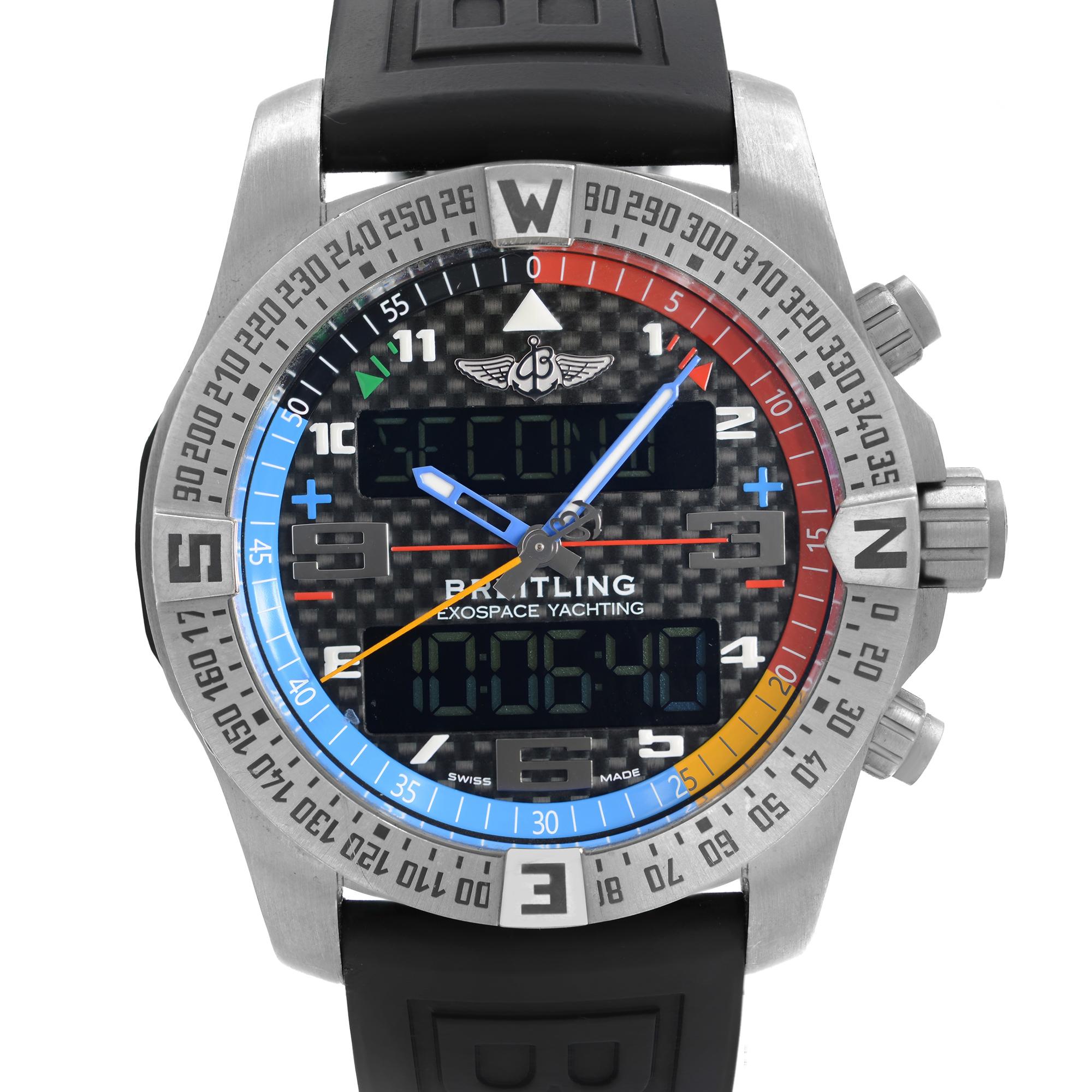 Breitling Exospace B55 Yachting Titanium Chronograph Quartz Watch EB551222/BG45-155S. The Watch has hairline Scratches on the Bezel. This Beautiful Timepiece is Powered by Quartz (Battery) Movement And Features: Titanium Case with a Black Rubber