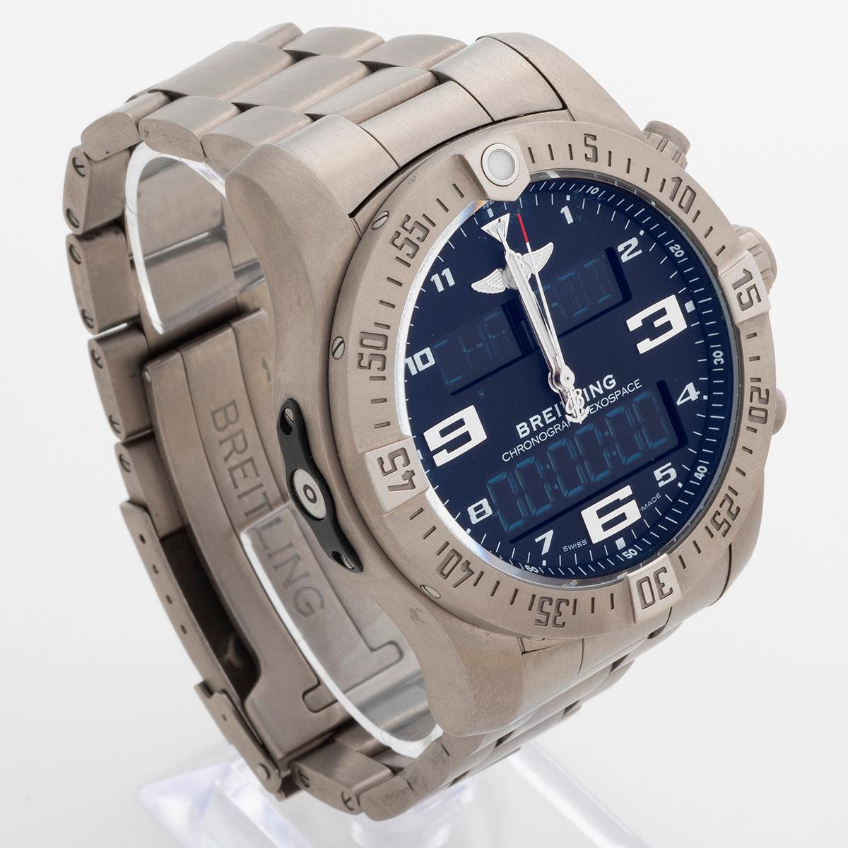 Our Breitling Exospace with titanium case and bracelet 'connected' reference EB5510H1 features a 46mm case, volcano black dial with aviation inspired numeral dial with rhodium hands and two LCD screens which digitally display features such as email,