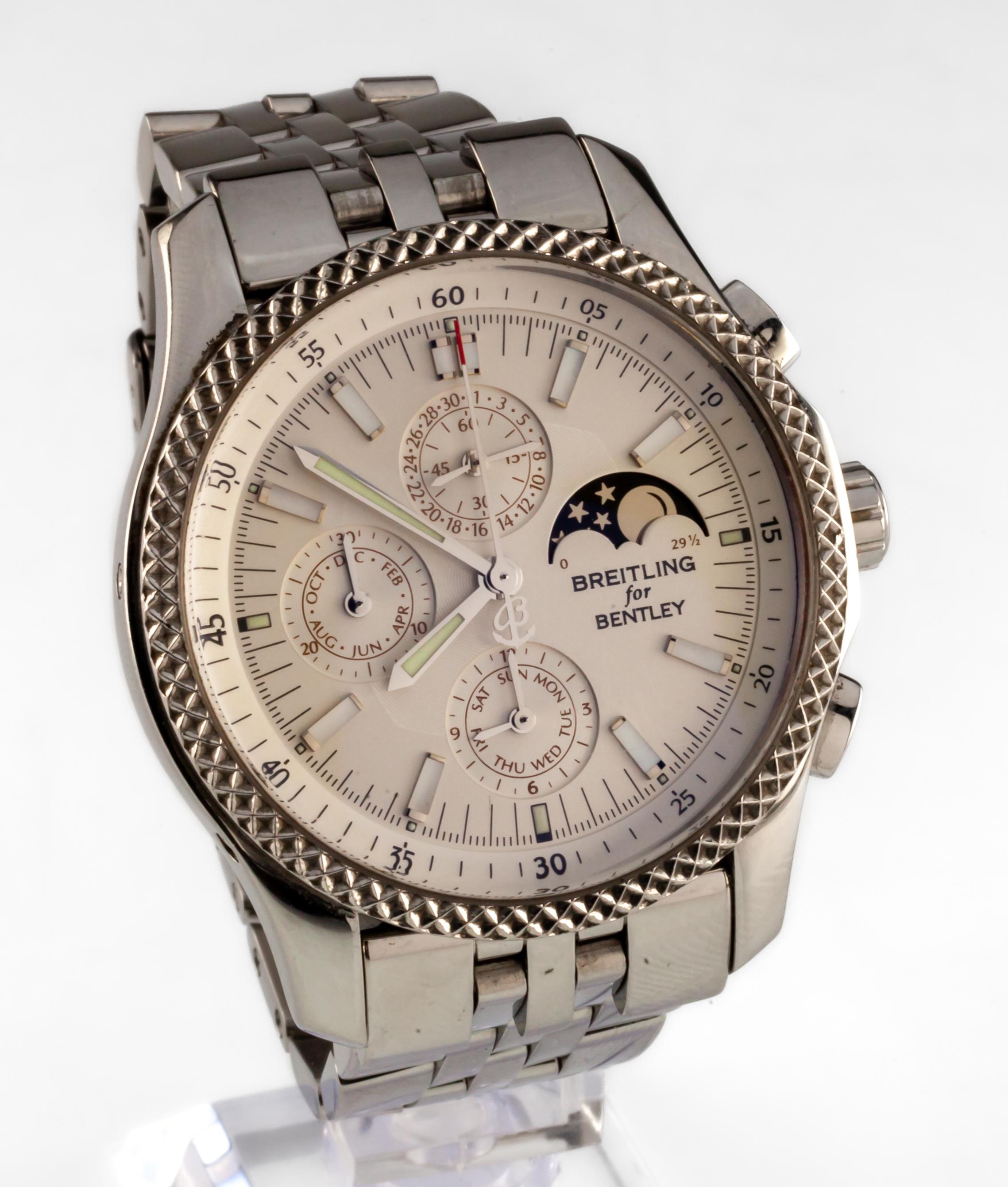 Breitling for Bentley Mark VI Chronograph Moonphase SS Watch Extra Band P19362
Model #P19362
Movement #2892-A2
21 Jewels
Serial #2282493
Round Stainless Steel Case
41 mm in Diameter (44 mm w/ Crown)
Lug-to-Lug Distance = 50 mm
Lug-to-Lug Width = 22