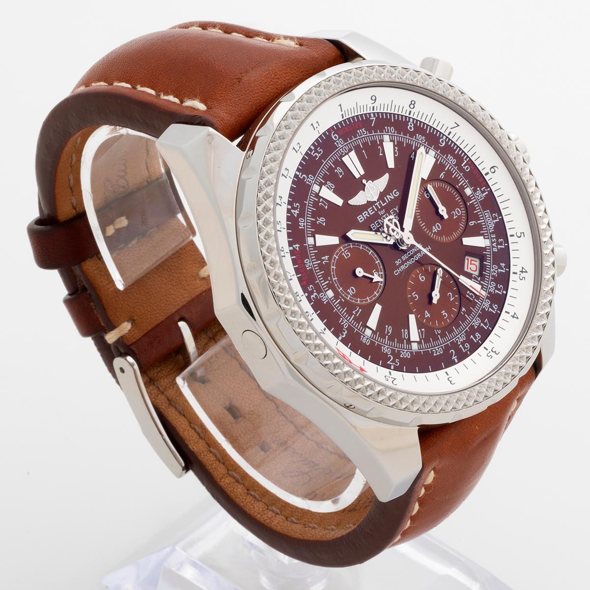 Our special edition Breitling for Bentley Motors , reference A25362 , features a stainless steel 48mm case with stunning Havana brown dial and Breitling brown leather strap with deployant clasp. Presented in outstanding condition with only light