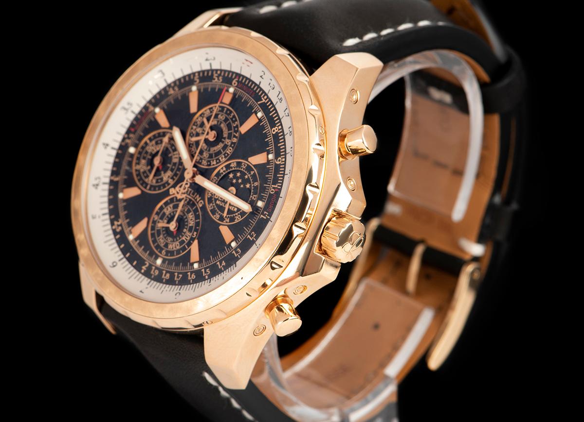 An 18k Rose Gold Breitling For Bentley Mulliner Perpetual Calendar Chronograph Limited Edition Gents 48.7mm Wristwatch H29362, black dial with applied hour markers, moonphase aperture at 3 0'clock, 24 hour indicator, weekday sub-dial and 12 hour