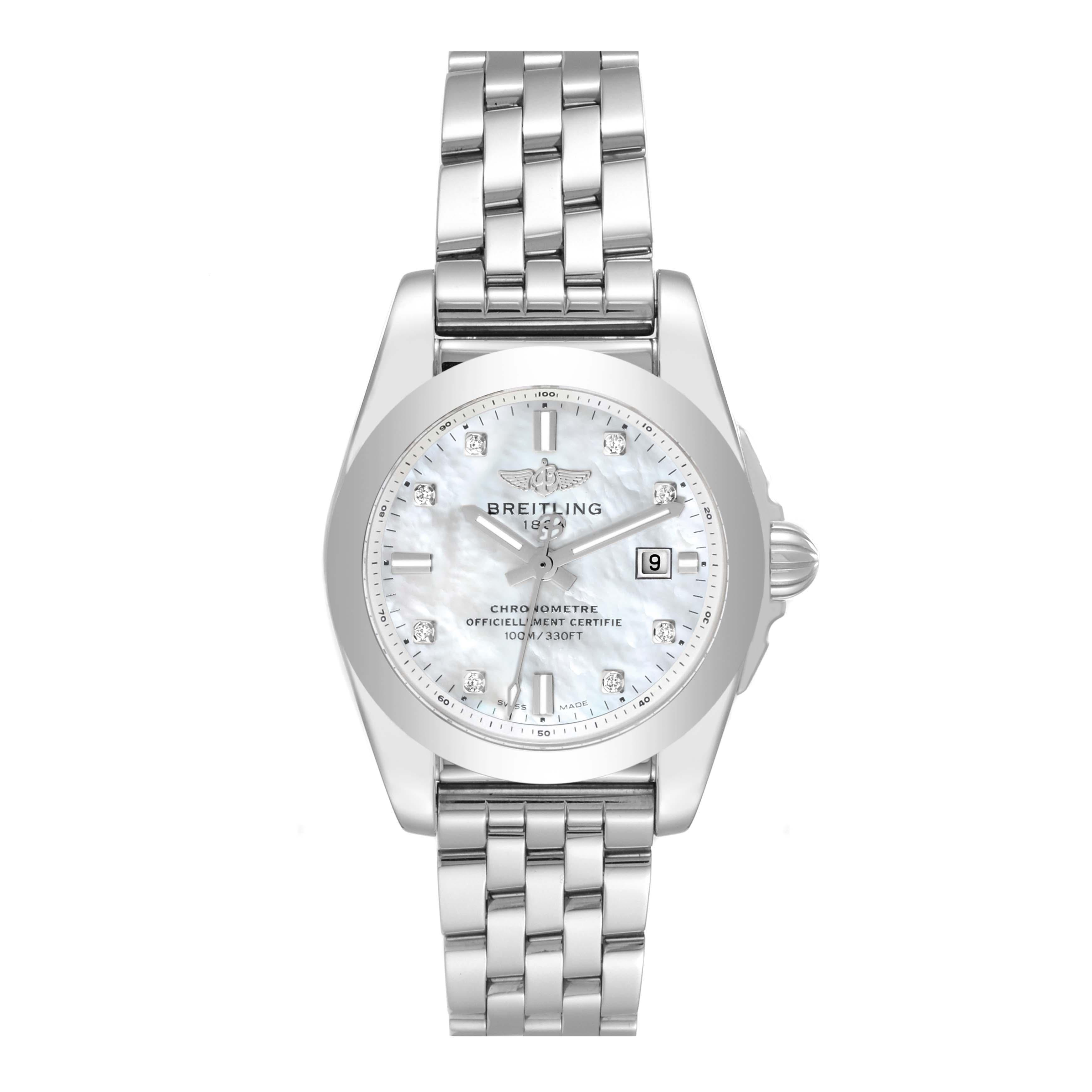 Breitling Galactic 29mm MOP Diamond Dial Steel Ladies Watch W72348 Unworn. Quartz movement. Stainless steel case 29.0 mm in diameter. Stainless steel bezel. Scratch resistant sapphire crystal. Mother of pearl dial with original Breitling factory