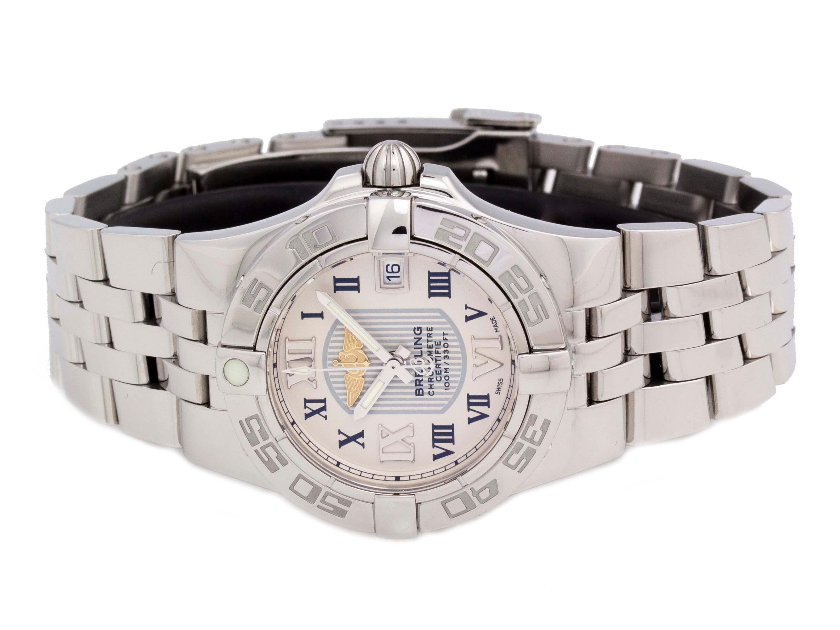 Brand	Breitling
Series	Galactic 30
Model	A71340L2/G670
Gender	Women's
Condition	Excellent Display Model
Material	Stainless Steel
Finish	Polished
Caseback	Solid
Diameter	30mm
Thickness	12.2mm
Bezel	Stainless Steel w/ Numerals
Crystal	Sapphire Scratch
