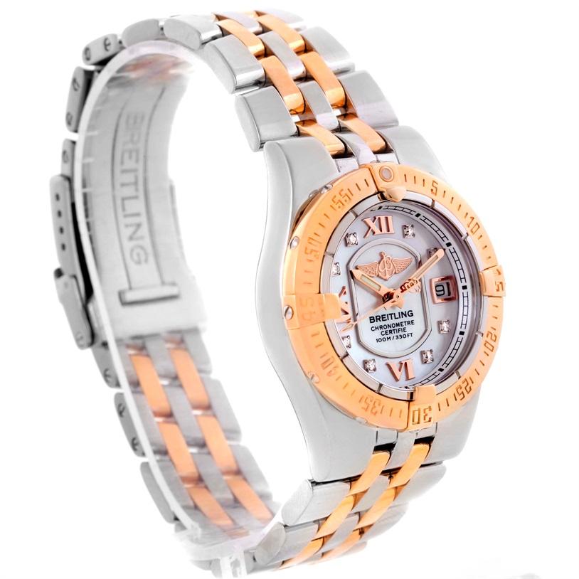 Breitling Galactic 30 Ladies Steel Gold Diamond Watch C71340. Quartz movement. Stainless steel and 18K rose gold case 30.0 mm in diameter. Scratch resistant sapphire crystal. Mother of pearl dial with diamond hour markers and Roman numerals. Date