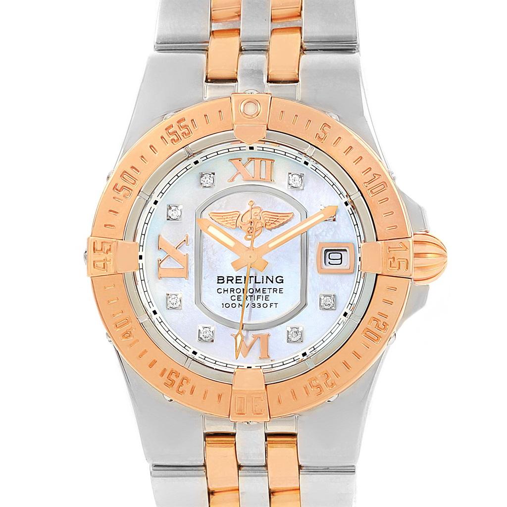Breitling Galactic 30 Steel Rose Gold Diamond Dial Womens Watch C71340. Quartz movement. Stainless steel and 18K rose gold case 30.0 mm in diameter. Unidirectional rotating 18K rose gold diamond bezel. Four 15 minute markers. Scratch resistant