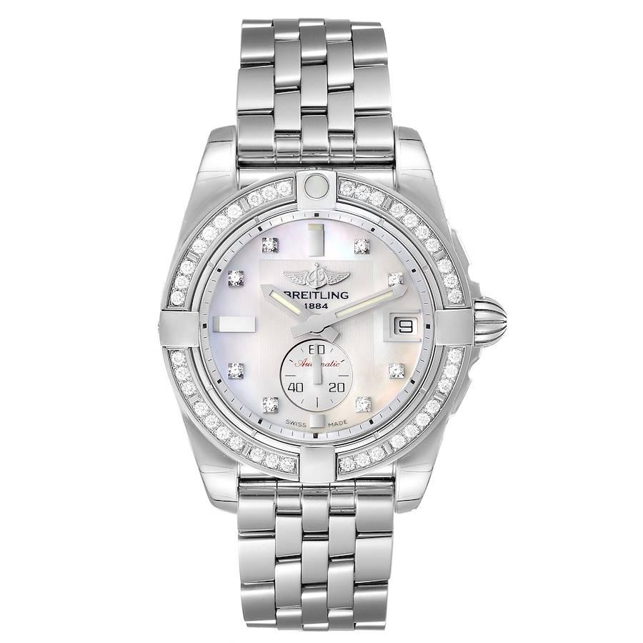 Breitling Galactic 36 MOP Dial Diamond Steel Ladies Watch A37330 Unworn. Automatic self-winding movement. Stainless steel case 36.0 mm in diameter. Original Breitling factory diamond unidirectional rotating bezel. Four 15 minute markers. Scratch