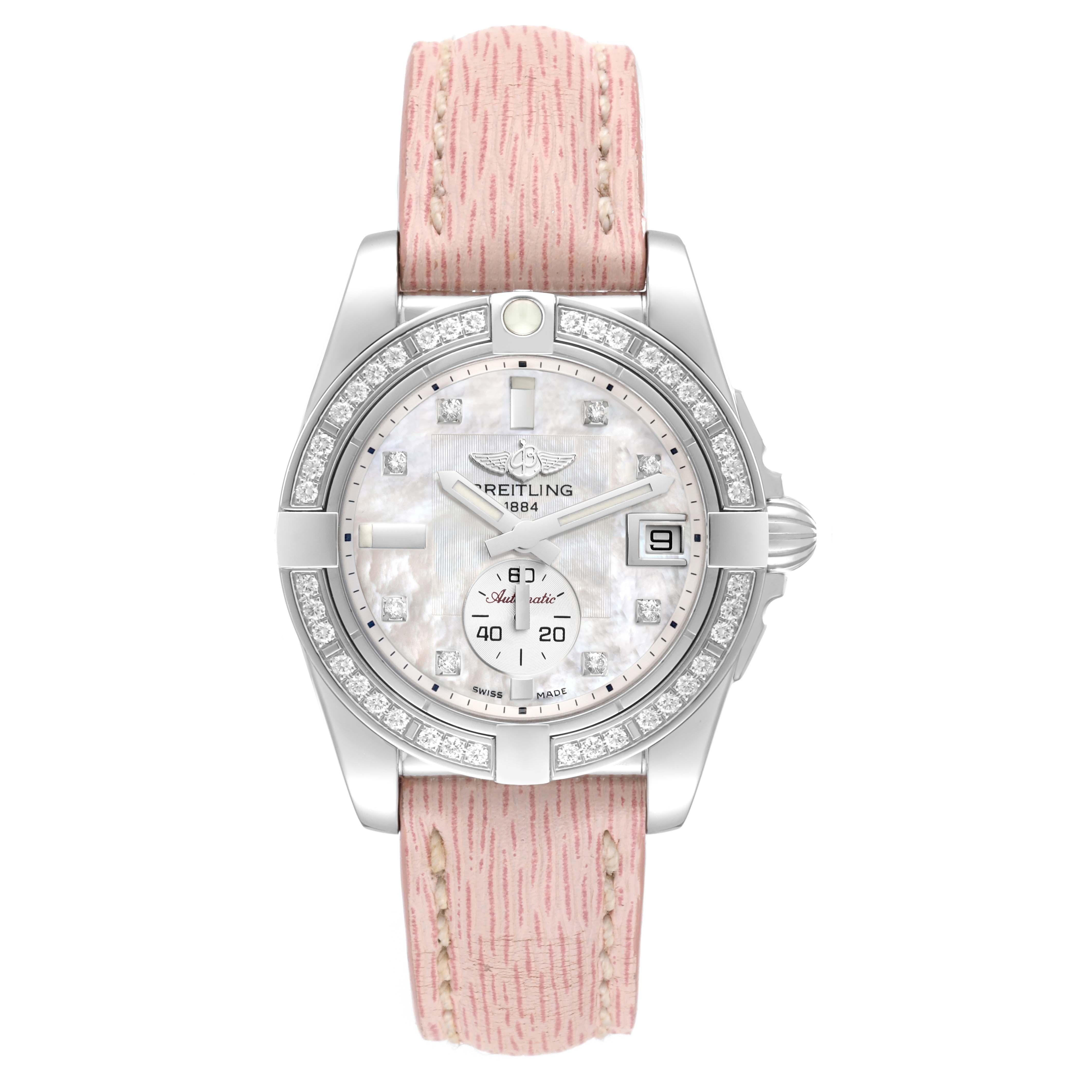 Breitling Galactic 36 Mother Of Pearl Dial Diamond Steel Ladies Watch A37330 Box Card. Automatic self-winding movement. Stainless steel case 36.0 mm in diameter. Original Breitling factory diamond unidirectional rotating bezel. Four 15 minute