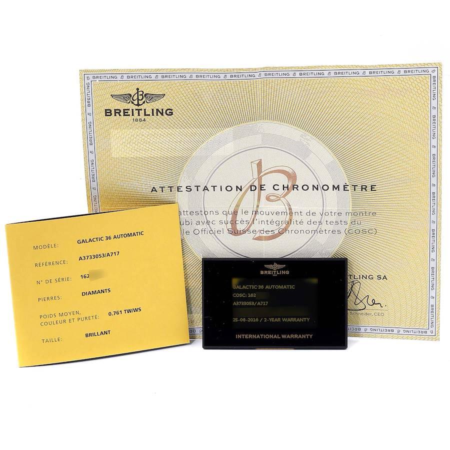 Breitling Galactic 36 Mother of Pearl Diamond Steel Ladies Watch A37330 Box Card For Sale 3