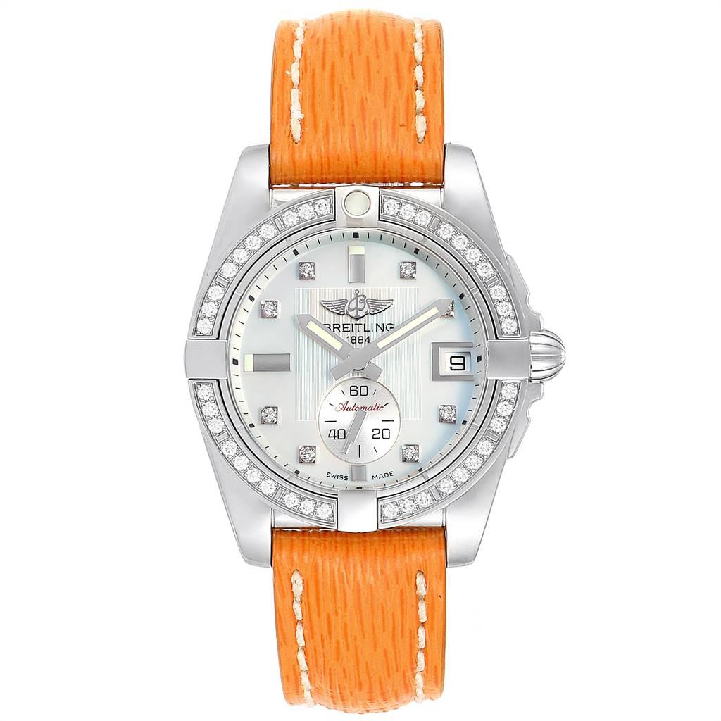 Breitling Galactic 36 Orange Strap MOP Steel Diamond Ladies Watch A37330. Automatic self-winding movement. Stainless steel case 36.0 mm in diameter. Unidirectional rotating original Breitling factory diamond bezel. Four 15 minute markers. Scratch