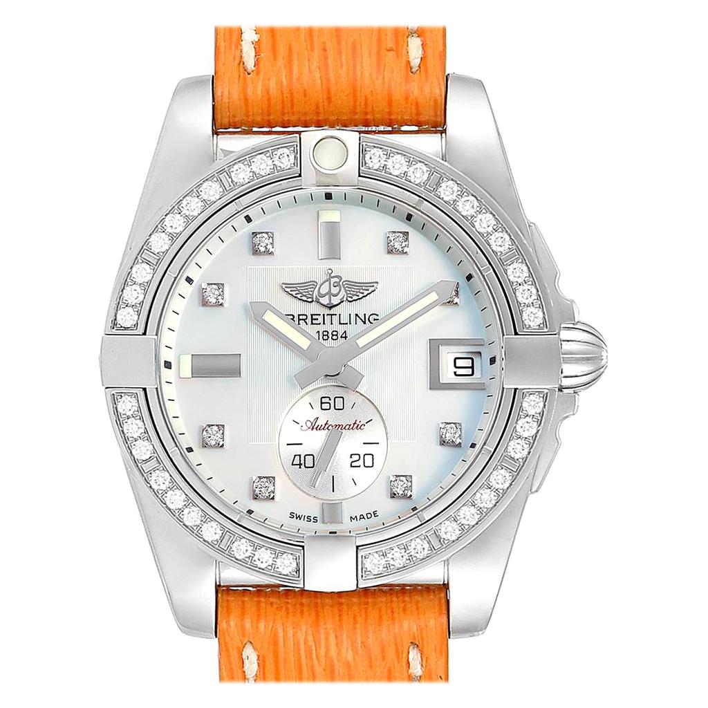 Breitling Galactic 36 Orange Strap MOP Steel Diamond Ladies Watch A37330
