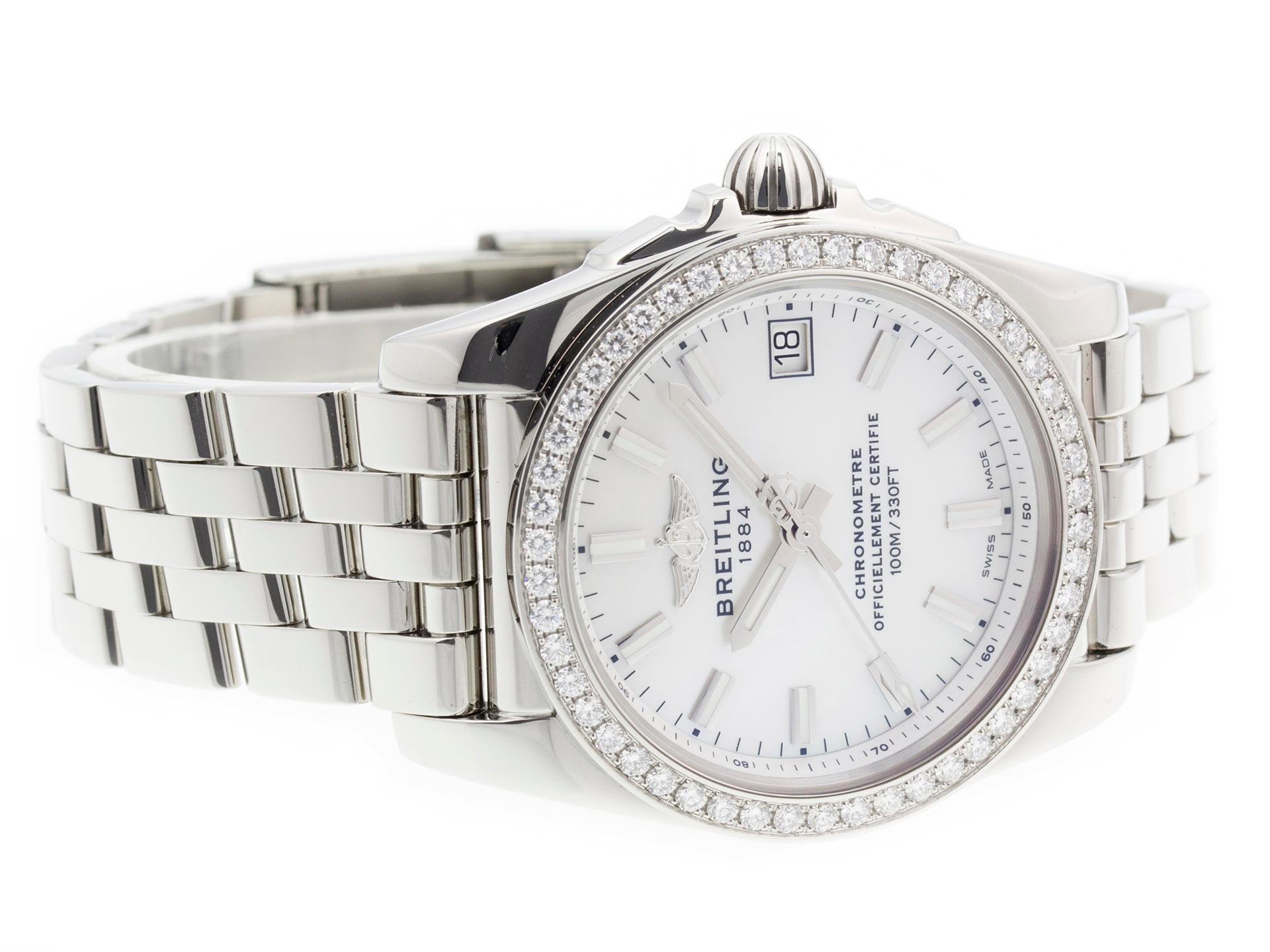 Stainless steel Breitling Galactic 36 SleekT A74330 watch, water resistant to 100m, with diamond bezel and date.

Watch	
Brand:	Breitling
Series:	Galactic 36 SleekT
Model #:	A7433053/A779​
Gender:	Ladies’
Condition:	Excellent Display Model, Faint