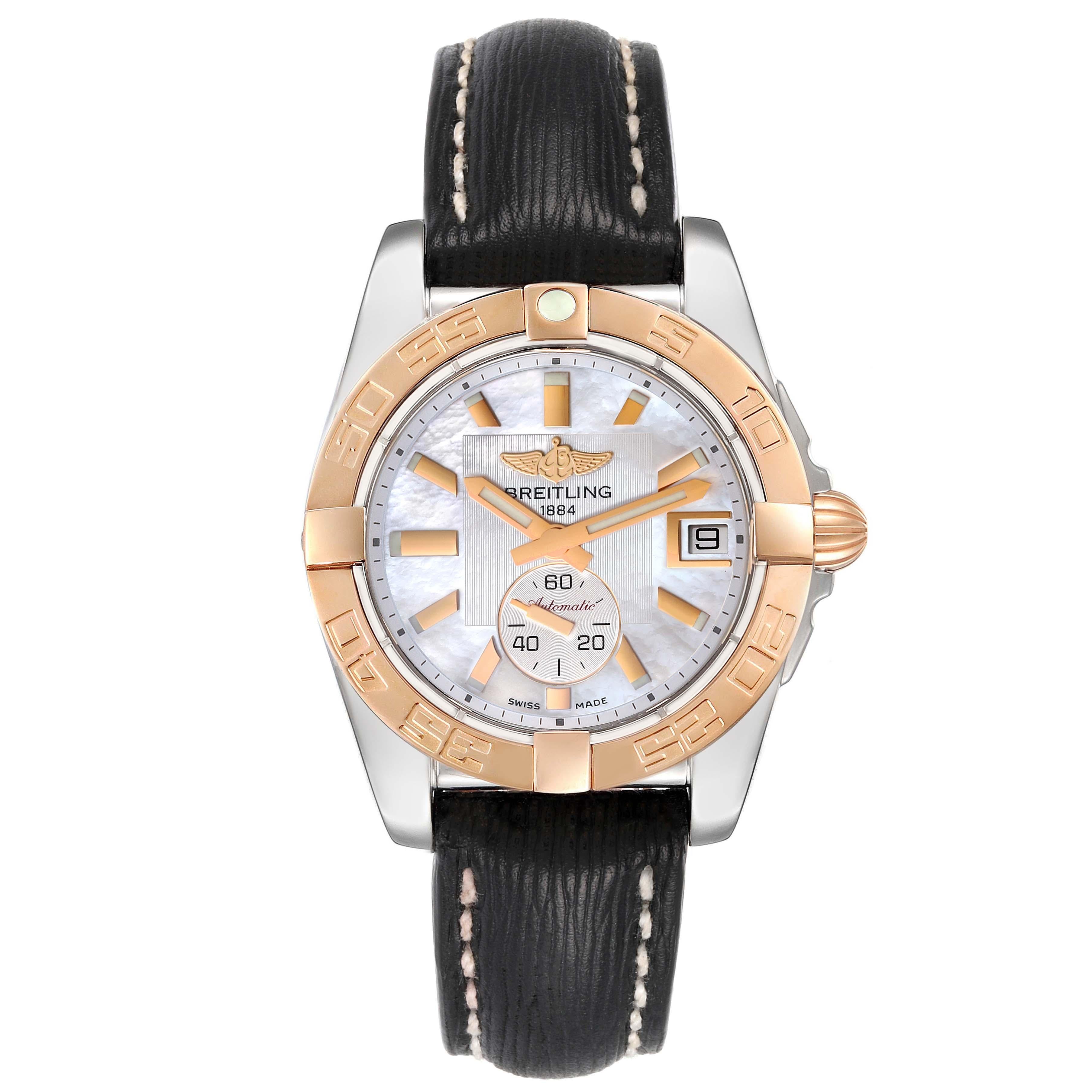 Breitling Galactic 36 Stainless Steel Rose Gold Mother of Pearl Dial Mens Watch C37330. Self-winding automatic officially certified chronometer movement. Stainless steel and 18K rose gold case 36.0 mm in diameter. 18k rose gold ratcheted