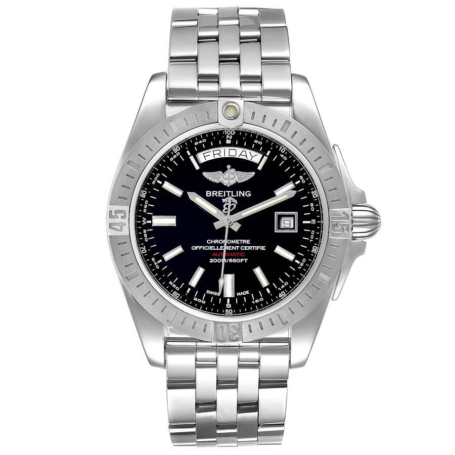 Breitling Galactic 44 Day-Date Steel Black Dial Watch A45320 Box Papers. Automatic self-winding chronometer movement. Stainless steel case 44 mm in diameter. Stainless steel unidirectional rotating bezel. 0-60 elapsed-time. Four 15 minute markers.
