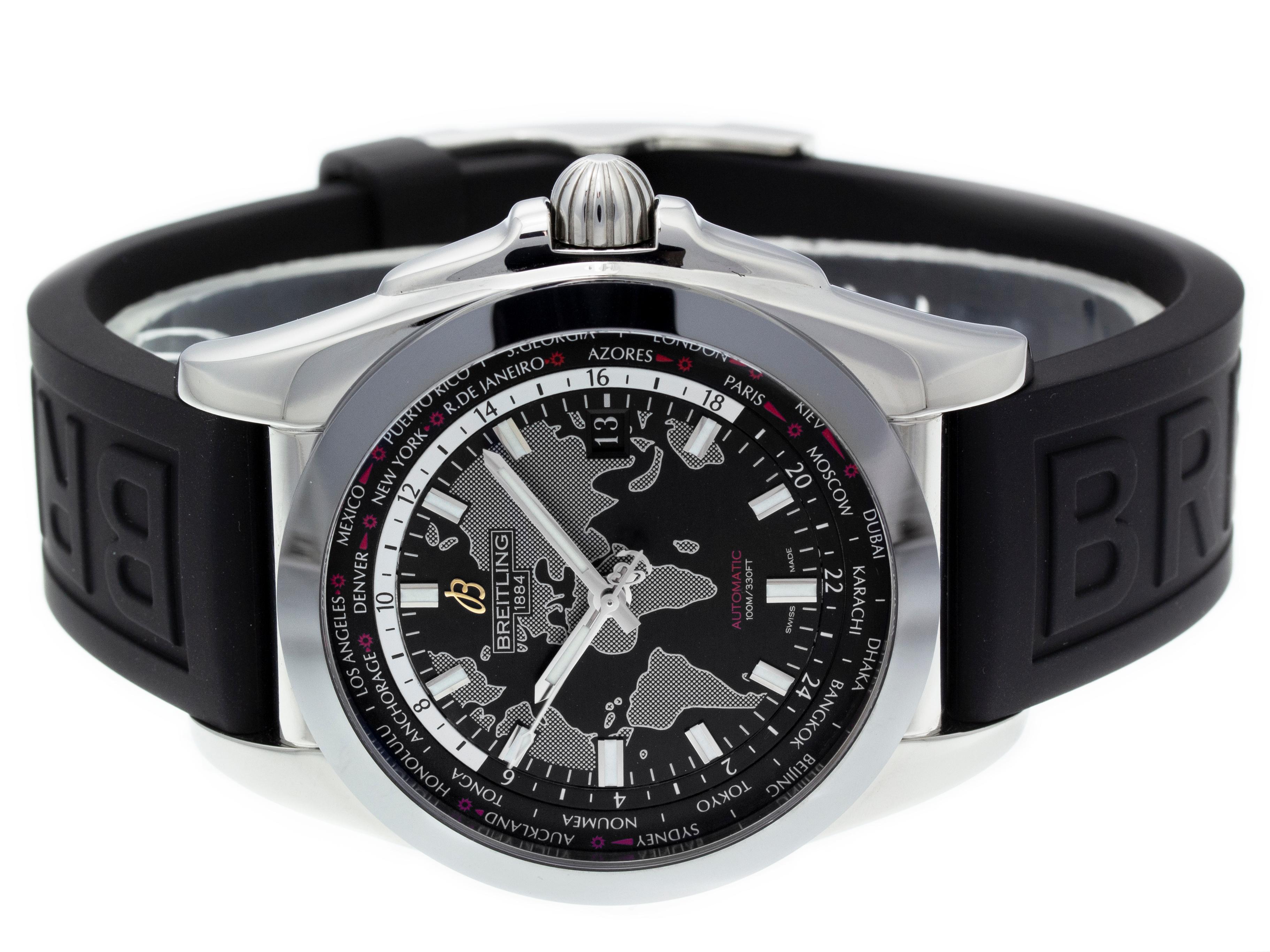 Stainless steel Breitling Galactic 44 Unitime WB3510 watch, water resistance to 100m, with date, GMT, and leather strap.

Watch	
Brand:	Breitling
Series:	Galactic 44 Unitime
Model #:	WB3510U4/BD94
Gender:	Men’s
Condition:	Excellent Display